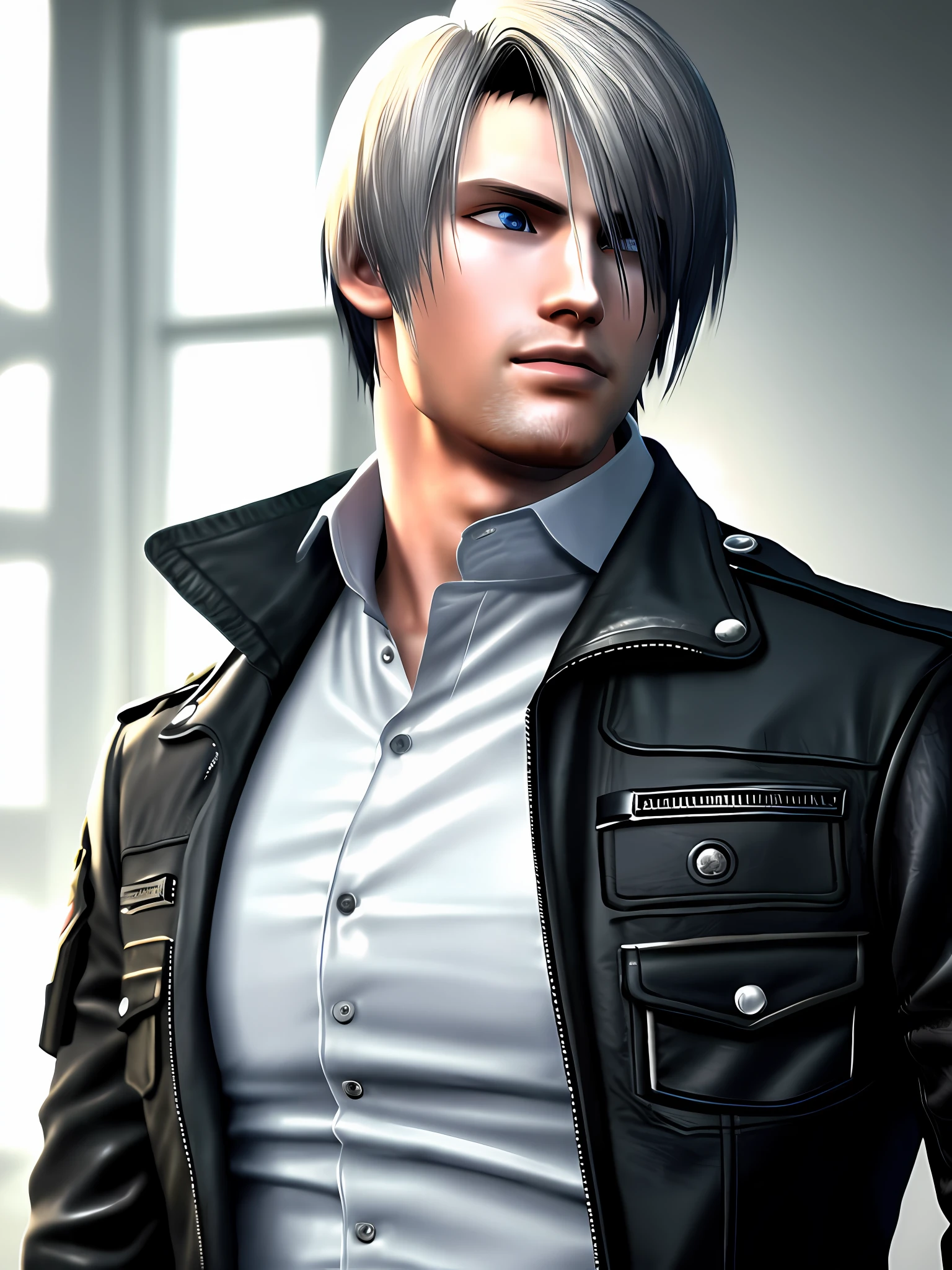 Young man 28 years old, wearing a black jacket, white shirt, resident evil style, Leon Kennedy, blue eyes, realistic style, 8k,