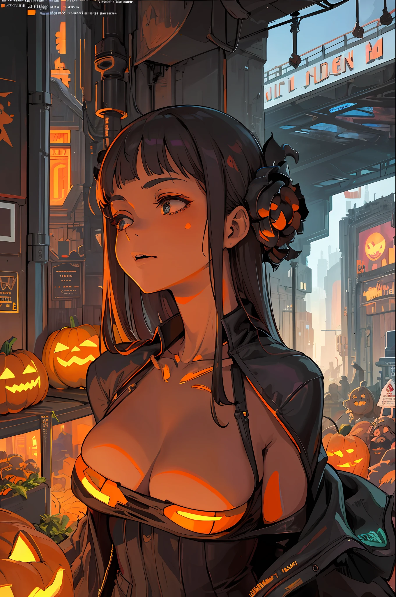 ((masterpiece)),((best quality)),((high detail)),((realistic,)) Futuristic era city, deep gorges in the middle, architectural streets, bazaars, bridges, cyberpunk, European architecture, night, neon, panoramic view, various buildings, halloween, halloween night season, pumpkin heads gracing the streets
