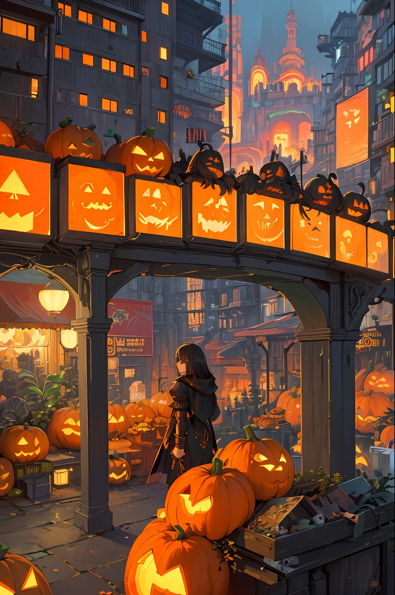 ((masterpiece)),((best quality)),((high detail)),((realistic,)) Futuristic era city, deep gorges in the middle, architectural streets, bazaars, bridges, cyberpunk, European architecture, night, neon, panoramic view, various buildings, halloween, halloween night season, pumpkin heads gracing the streets