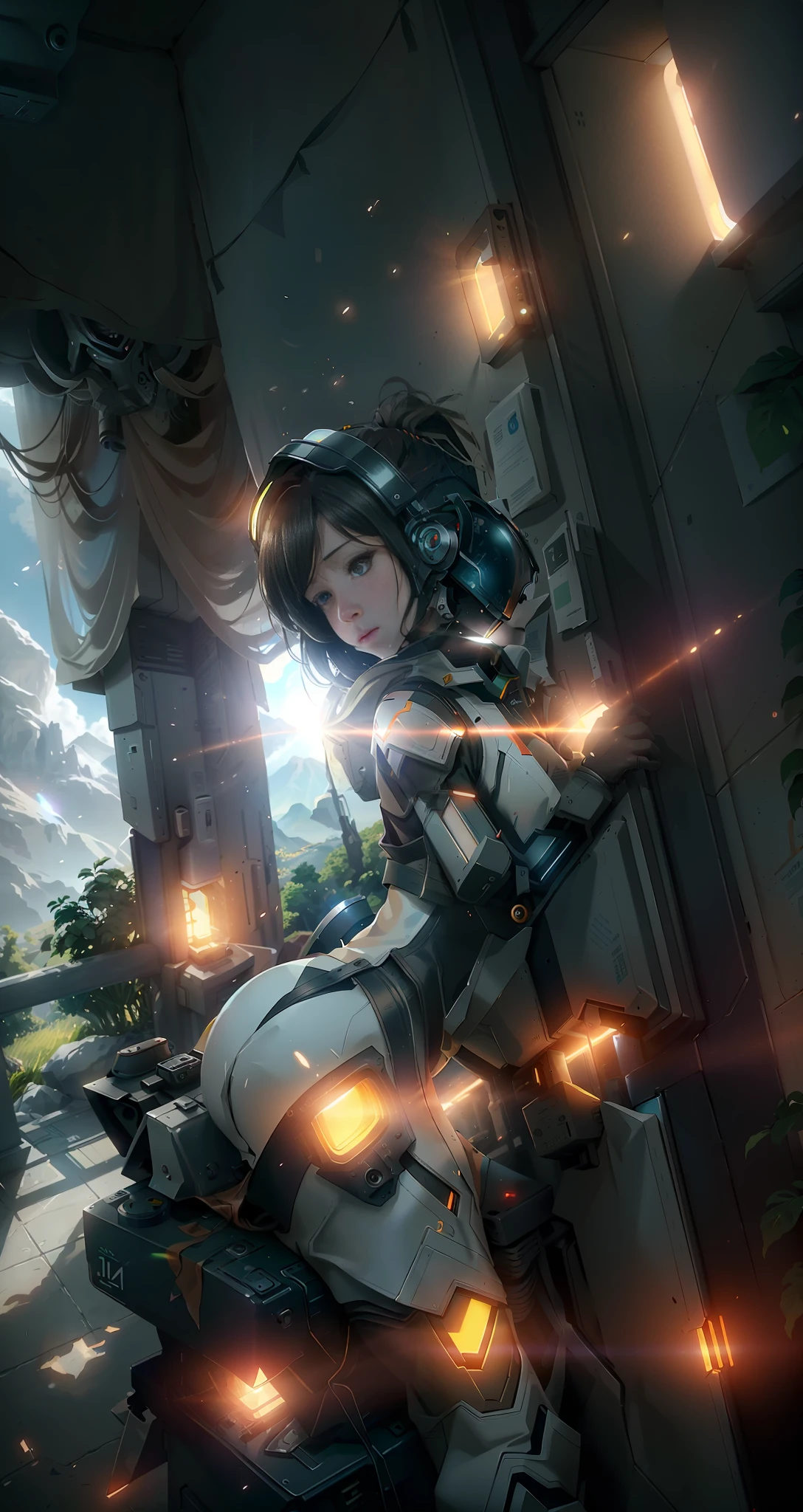 Back Corner, Highly Detailed RAW Color Photo, (Female Space Warrior, Wearing Orange and White Space Suit, Helmet Exposed, Frontal, Rebreather, Prominent Loot), Outdoor, (Looking Up at Advanced Alien Structures on Alien Planets), Toned Body, (Sci-Fi), (Vista Mountains: 1.1), (Lush Green Vegetation), (Two Moon in the Sky: 0.8), (Very Detailed, Ultra-Detailed, Complex), ((DAY TIME)), (Lens flare:0 .7), (bloom:0.7), particle effects, raytracing, cinematic lighting, shallow depth of field, photographed on a Sony a9 II, 50mm wide angle lens, sharp focus, cinematic film still from Gravity time) , (lens flare: 0.7), (bloom: 0.7), particle effects, ray tracing, cinematic lighting, shallow depth of field, shot on Sony a9 II, 50mm wide-angle lens, clear focus, still image from Gravity's film stills 2013, from behind