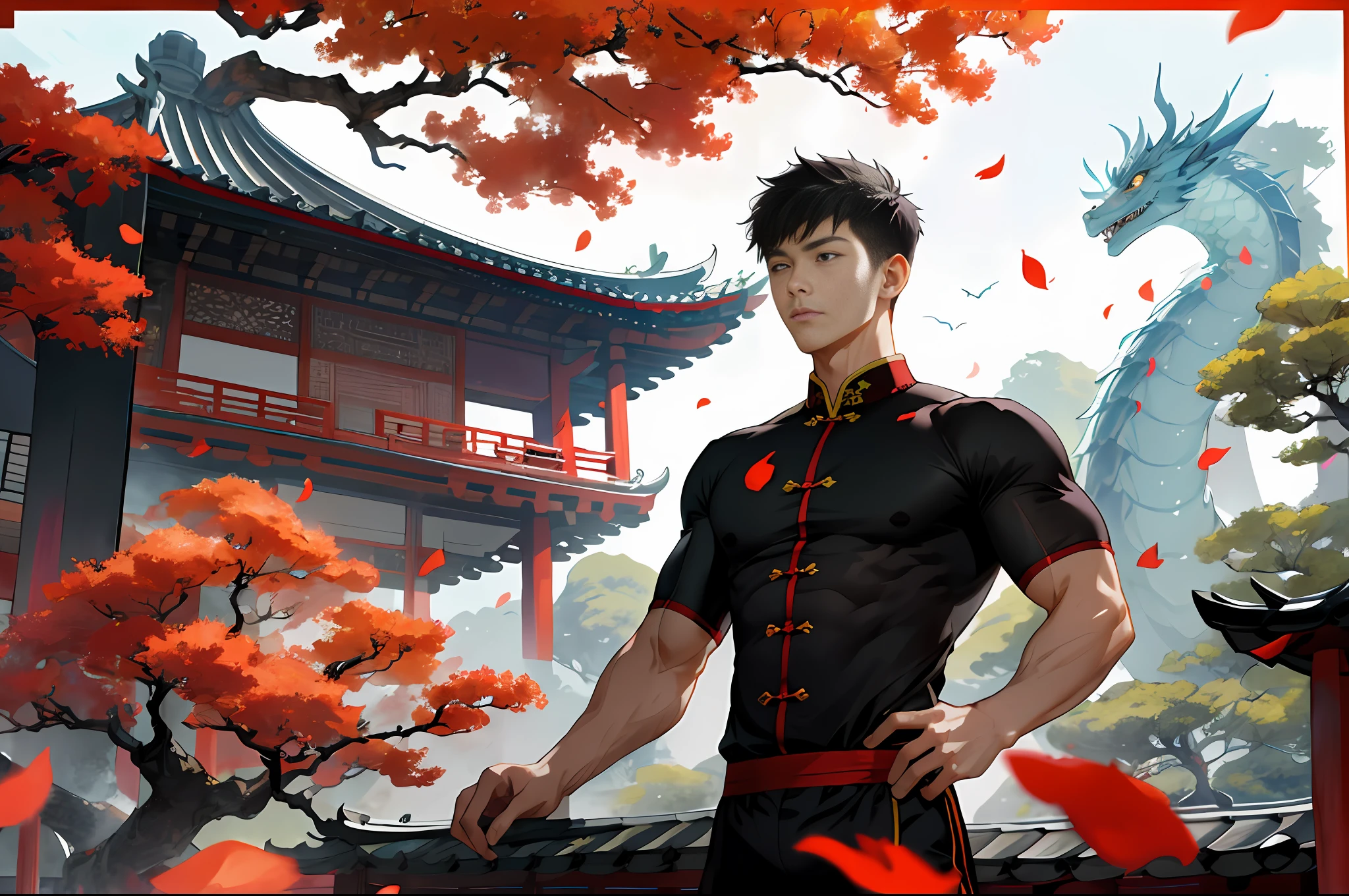 (absurd, super high resolution, 1080P, super detailed), detailed, boy, 16 years old, short, black, hair, , falling petals, male exercise uniform, full length, chinese house, pagoda, dragon, muscular, handsome, upper body