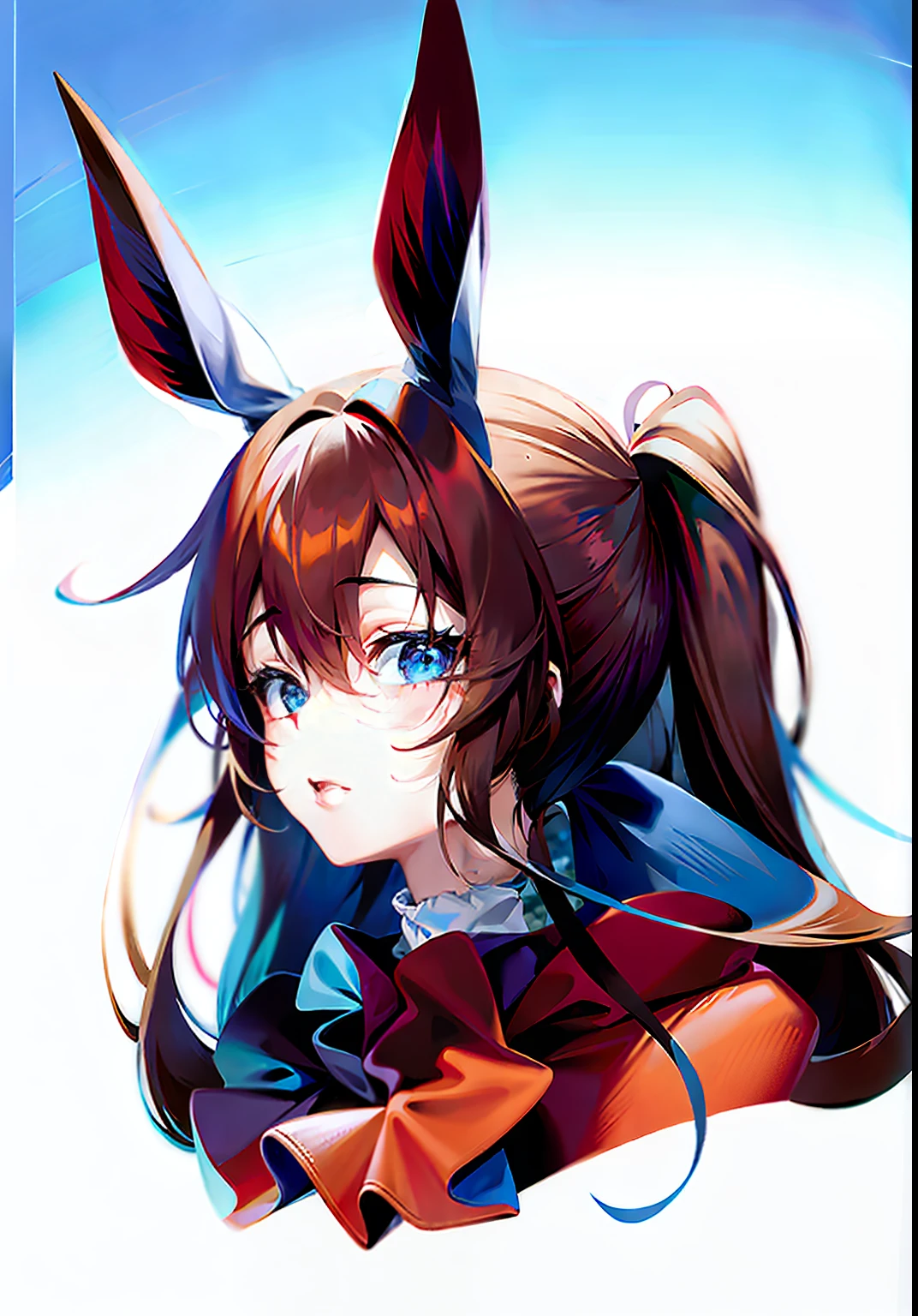 Reddish brown hair, blue eyes, animal ears, shyness, blue-purple clothes, white background, highlights
