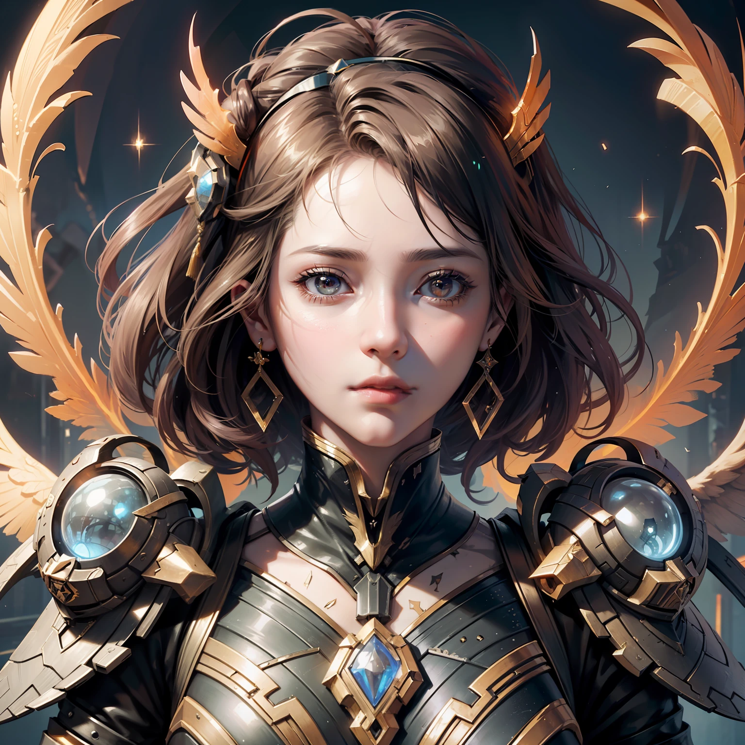 Phoenix Warframe, Chinese Girl, Mythical Figure, Head Glow, One, Upward Light, Ultra Clear Face Close-up, Epic Scene, Delicate Face, Clear Phoenix Eyes, Flying Feathers, Fair Skin, Ray Tracing, Edge Light, Glow Effect, Exaggerated Action, Exaggerated Perspective, Orange, Red, Realistic Ultra-Fine Rendering Style, Super Detail
