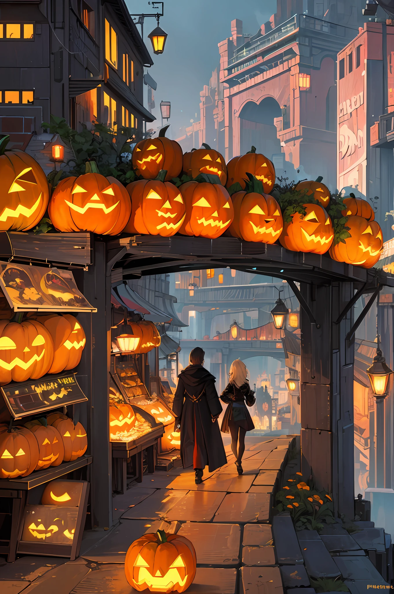 ((masterpiece)),((best quality)),((high detail)),((realistic,)) Futuristic era city, deep gorges in the middle, architectural streets, bazaars, bridges, cyberpunk, European architecture, night, neon, panoramic view, various buildings, halloween, halloween night season, pumpkin heads gracing the streets