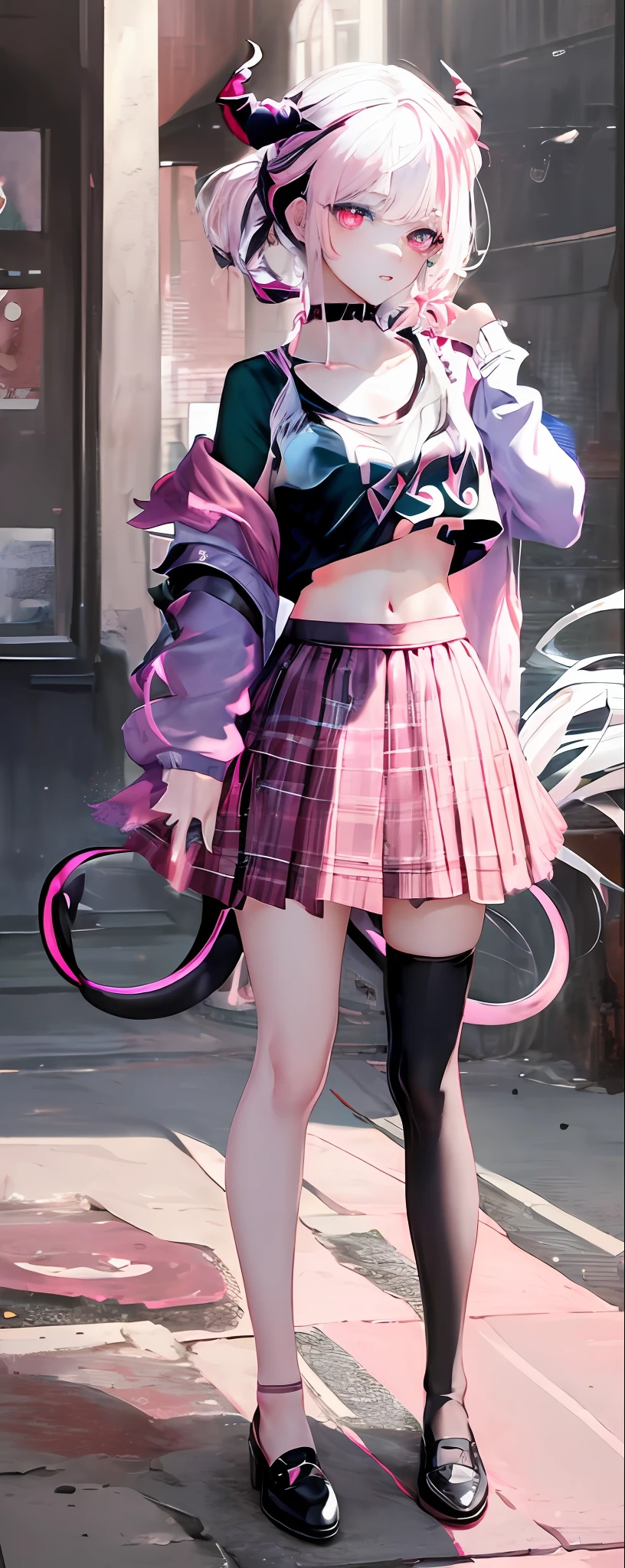 (QUALITY:0)
8k, 8k wallpaper, (an extremely delicate and beautiful:1.1), (beautiful detailed eyes:1.3), (best illustration:1.1), (best quality:1.3), (best shadow:1.1), (cinematic lighting:1.2), detailed eyes, (detailed_light:1.1), (dreamy:1.1), (extremely detailed CG unity 8k wallpaper:1.1), highres, (masterpiece:1.3), official_art, ray tracing, (stylized:1.3), trending on artstation, (ultra_detailed:1.2)
(STYLE & COMPOSITION:0)
1girl, (ful_bodyl:1.4), sparkle
(POSE & EXPRESSION:0)
(head_tilt:1.3), looking_at_viewer, parted_lips, standing
(CHARACTER:0)
bare_shoulders, breasts_apart. black_shirt, blue_eyes_top, collar, (collarbone:1.3), cropped_jacket, cropped_shirt, crop, demon_girl, (demon_horns, demon_tail:1.3), horns, (heterochromia:1.4), highleg_panties, lips, makeup, (messy_hair:1.2), nail_polish, (navel:1.2), (no_shoes:1.2), (pink_eyes:1.2), (pink_eyeshadow:1.4), pink_hair, pink_jacket, pink_skirt, (plaid_skirt:1.3), shiny_hair, (single_thighhigh:1.4), (small_breasts:1.3), string_panties, tail, twintails, two-tone_hair, underboob, (white_hair:1.2)
(BACKGROUND:0)
(TEXTUAL INVERSION:0)