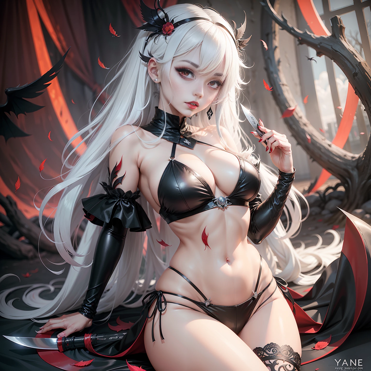 a woman in a black and white outfit holding a knife, gapmoe yandere, gapmoe yandere grimdark, demon anime girl, yandere, demon girl, vampire girl, yandere intricate, with red glowing eyes, anime monster girl, mika kurai demon, neferpitou, bikini. background of hell. gore, 2b, 2 b, yanderae, blood raven, yanderae succubus, white hair, birds made of blood, spider lilies, spider lily