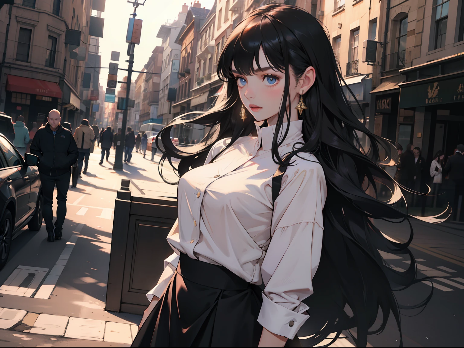 Young woman at 25: 1.3, Long hair: 1.2, Professional skirt: 1.2, Daytime: 1.2, Square: 1.2, cinematic lighting, Surrealism, UHD, ccurate, Super detail, textured skin, High detail, Best quality, 8k
