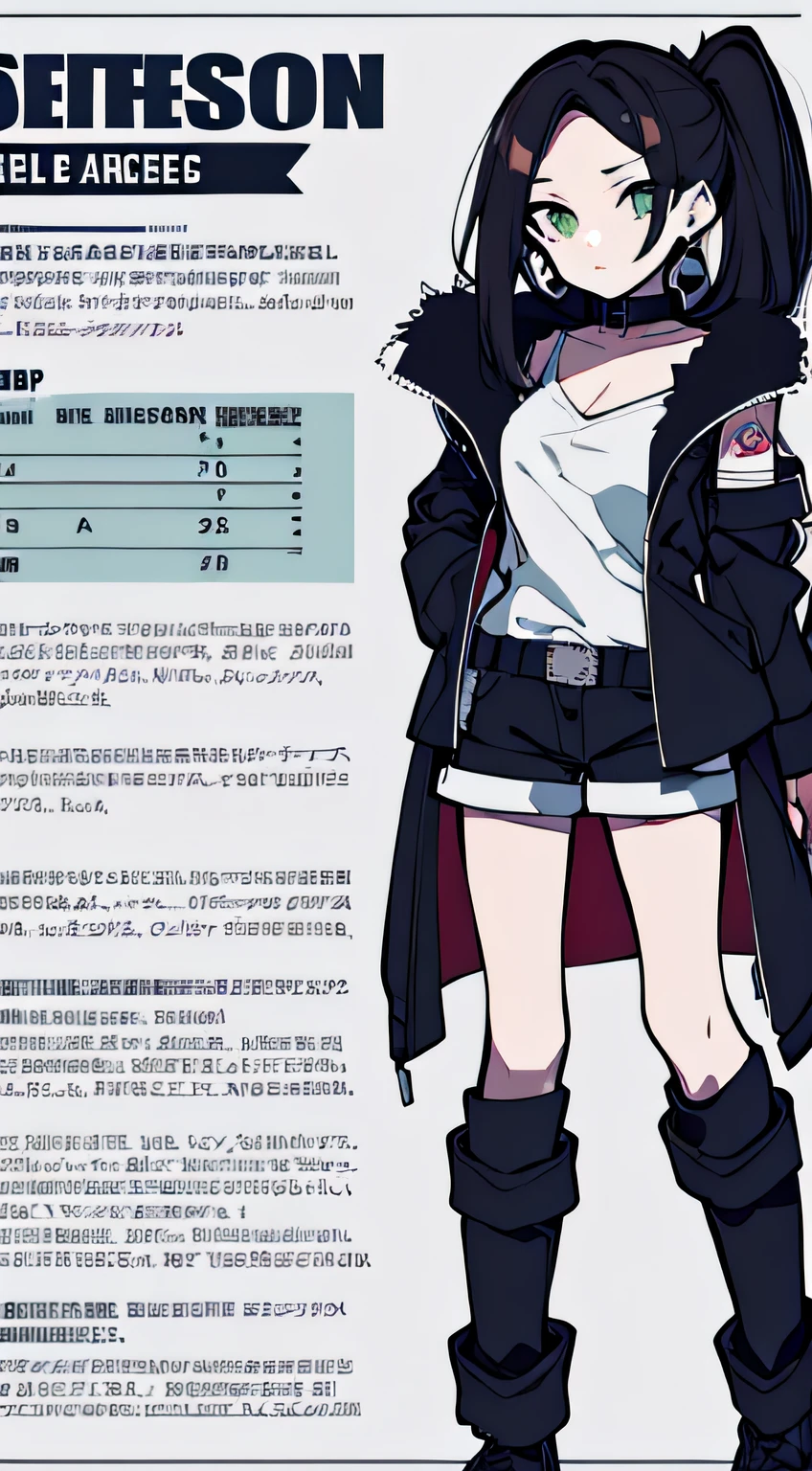 Masterpiece, Best Quality, Character Chart, Reference Sheet, Reference Sheet, Official Art, Three Sided View, Concept Art, Girl, Brunette Hair, Green Eyes, Armbands, Earrings, Metal Collar, Shorts, Black Jacket, Gloves, Earrings, Off the Shoulder, open_jacket, open_clothes, Sleeveless, Jewelry, Long Sleeves, Forehead, Ponytail, Fur Coat, Shorts, Boots