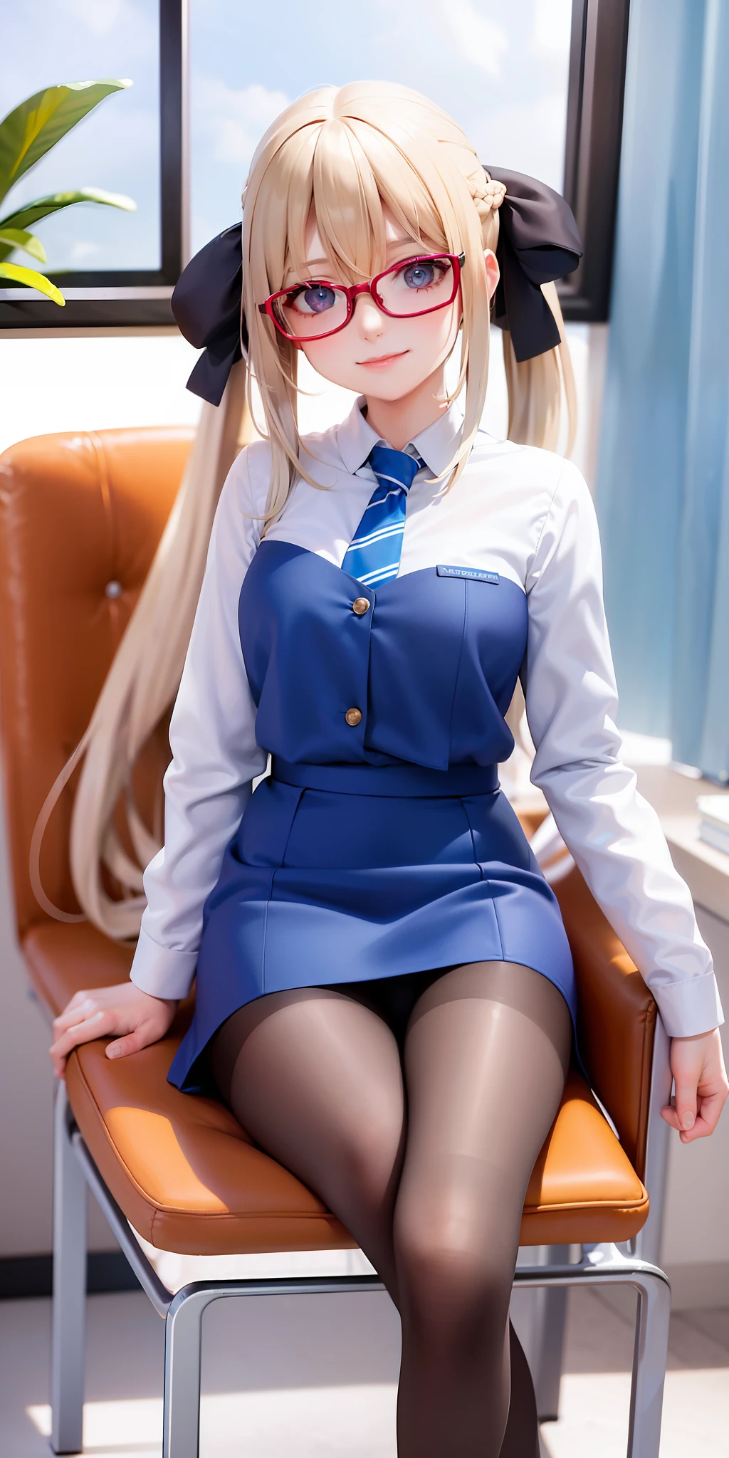 (masterpiece, best quality:1.2), solo, 1girl, morgan le fay, smile, looking at viewer, sitting in an office chair, long grey hair, braid, ponytail, hair bow, glasses, collared shirt, blue necktie, long sleeves, pencil skirt, pantyhose