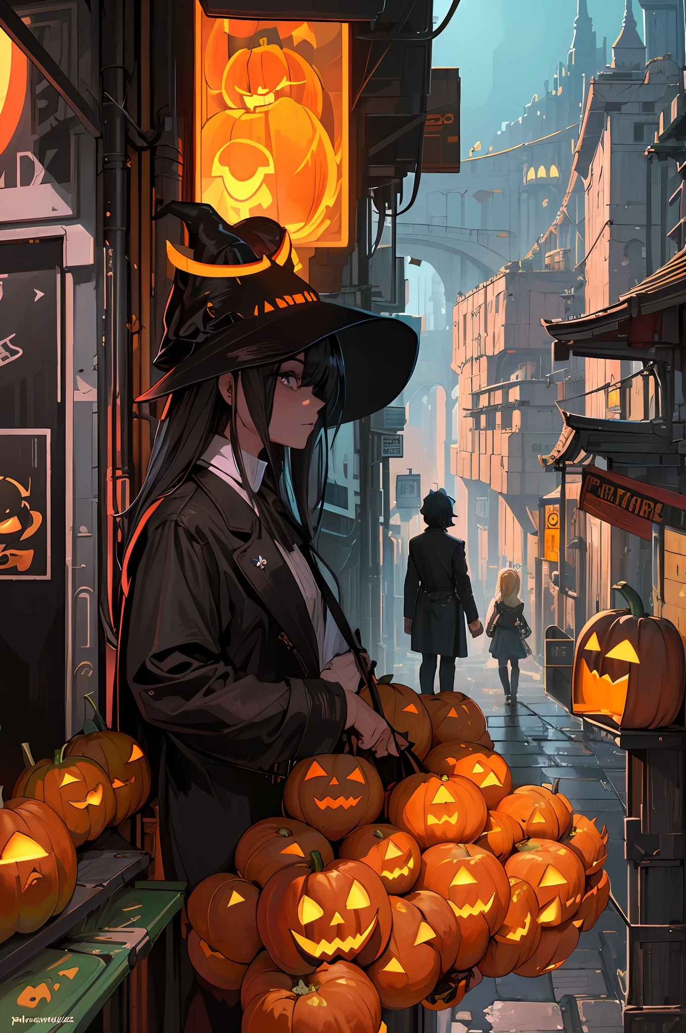 ((masterpiece)),((best quality)),((high detail)),((realistic,)) Futuristic era city, deep gorges in the middle, architectural streets, bazaars, bridges, cyberpunk, European architecture, night, neon, panoramic view, various buildings, halloween, halloween night season, pumpkin heads gracing the streets, detailed eye, perfect eye, enhanced eye