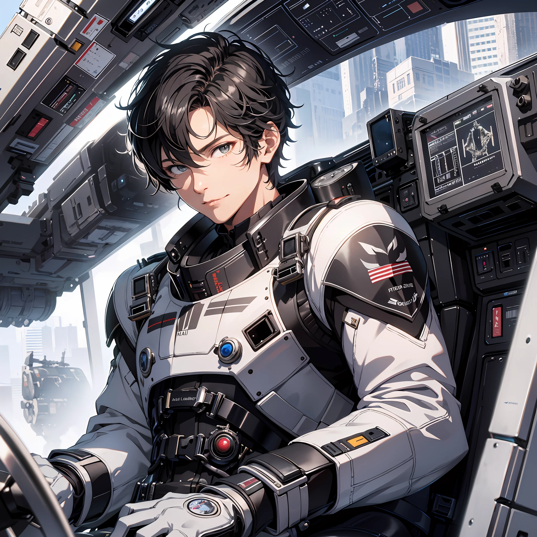 Absurd resolution, high resolution, (masterpiece: 1.4), hyper-detail, young man messy black short-haired pilot dressed up, smug expression, in the extremely narrow mech cockpit, operate