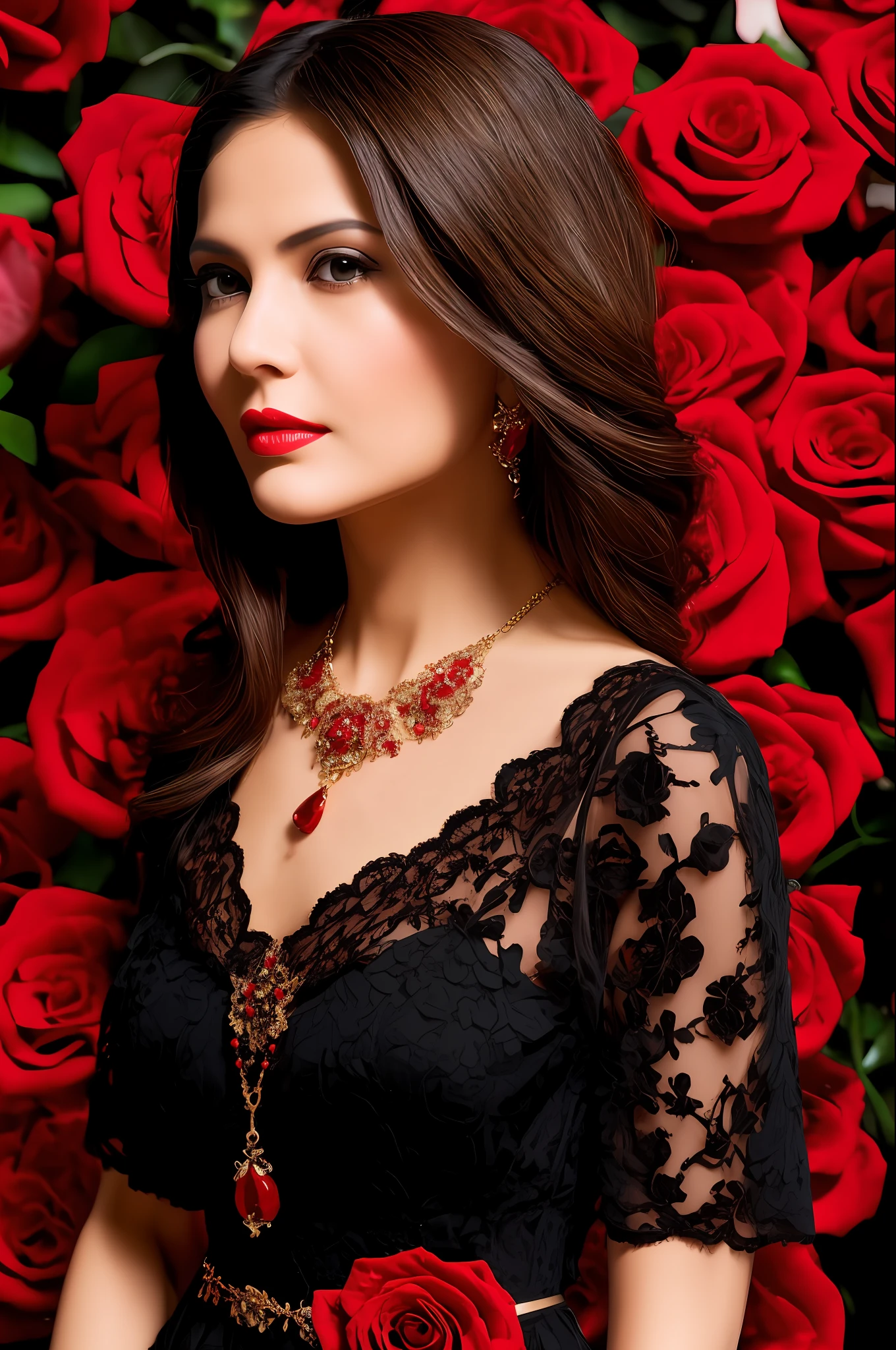 45 year old woman, powerful female square face, wearing 1 red rose on necklace necklace, wearing black lace dress with red, golden earrings, features like a maria padilla, (highly detailed skin: 1.2), medium brown loose hair with lights, film grain, 35mm, cute style