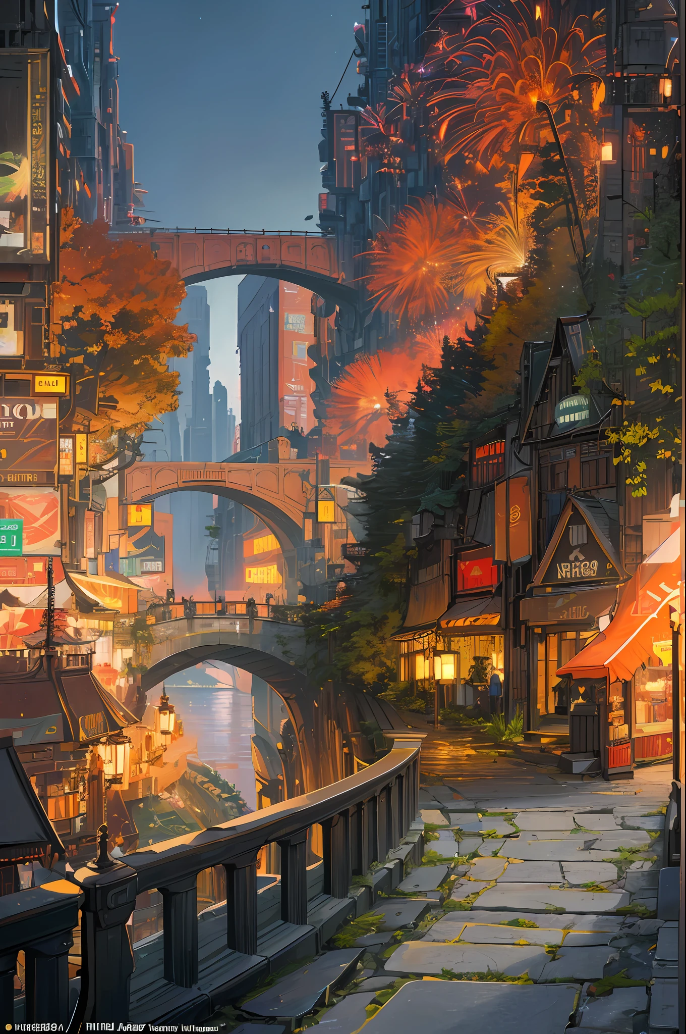 ((masterpiece)),((best quality)),((high detail)),((realistic,)) Futuristic era city, deep gorges in the middle, architectural streets, bazaars, bridges, cyberpunk, european architecture, night, neon, panoramic view, various buildings, new year, fireworks, panoramic, colorful fireworks