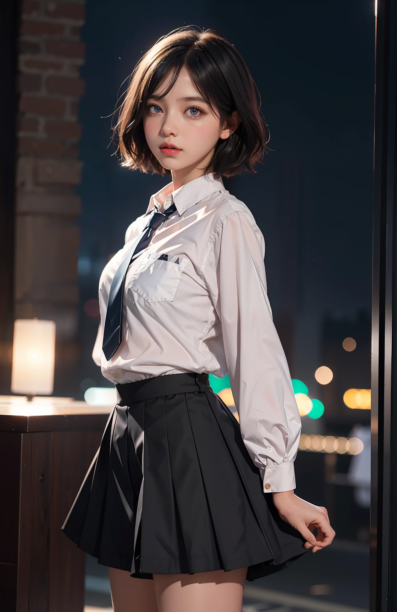 reality, 1 girl, short hair, glowing eyes, eyes visible through hair, school outfit, skirt, parted lips, blush, night, in the night city, bokeh, particles, glowing light, edge light,