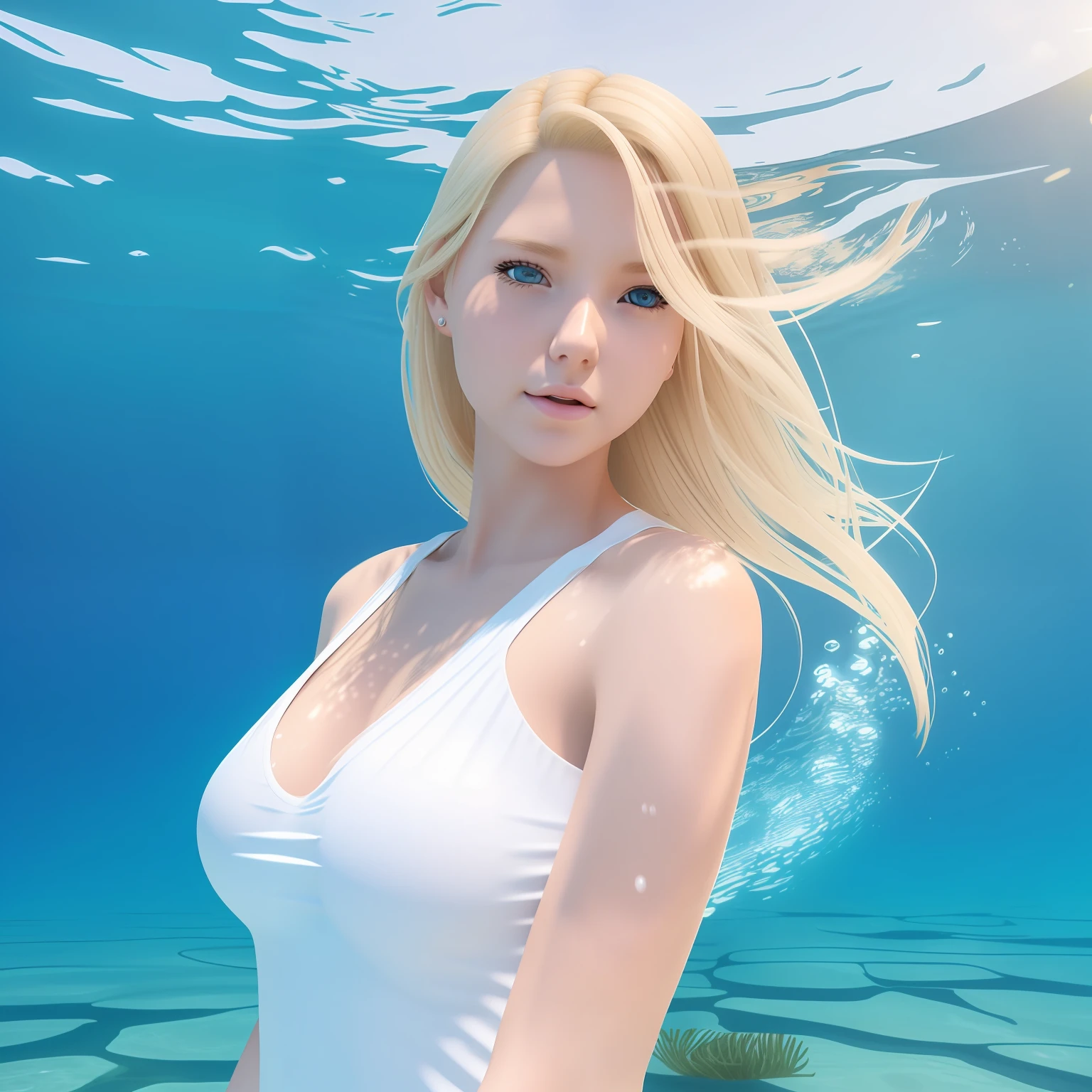 Create a photo realistic young woman with blonde hair (length until her shoulders), blue eyes and large boobs. She wears a long white dress, round neck, long fit and short sleeves, without a bra. She is holding her breath underwater in a pool. --auto --s2