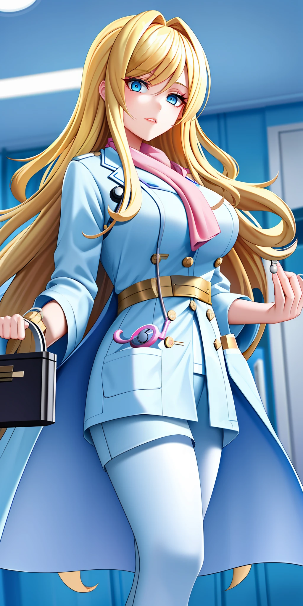 Masterpiece, Superb 1girl, blonde, eyeliner, long hair, (ice blue eyes), sweeping bangs, pink lips, big breasts, doctor's outfit, white coat, stethoscope, hospital, clipboard, pants, top