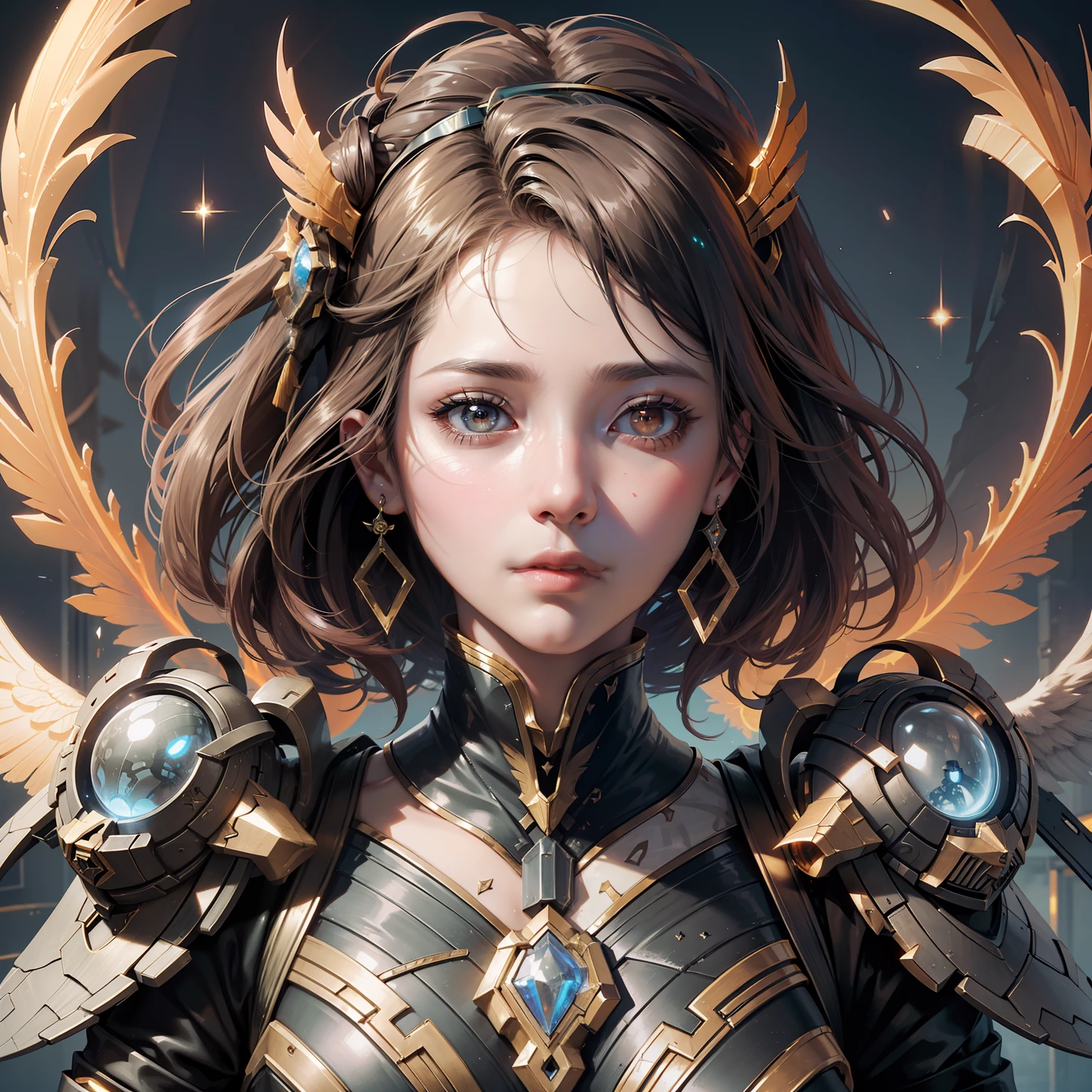 Phoenix Warframe, Chinese Girl, Mythical Figure, Head Glow, One, Upward Light, Ultra Clear Face Close-up, Epic Scene, Delicate Face, Clear Phoenix Eyes, Flying Feathers, Fair Skin, Ray Tracing, Edge Light, Glow Effect, Exaggerated Action, Exaggerated Perspective, Orange, Red, Realistic Ultra-Fine Rendering Style, Super Detail