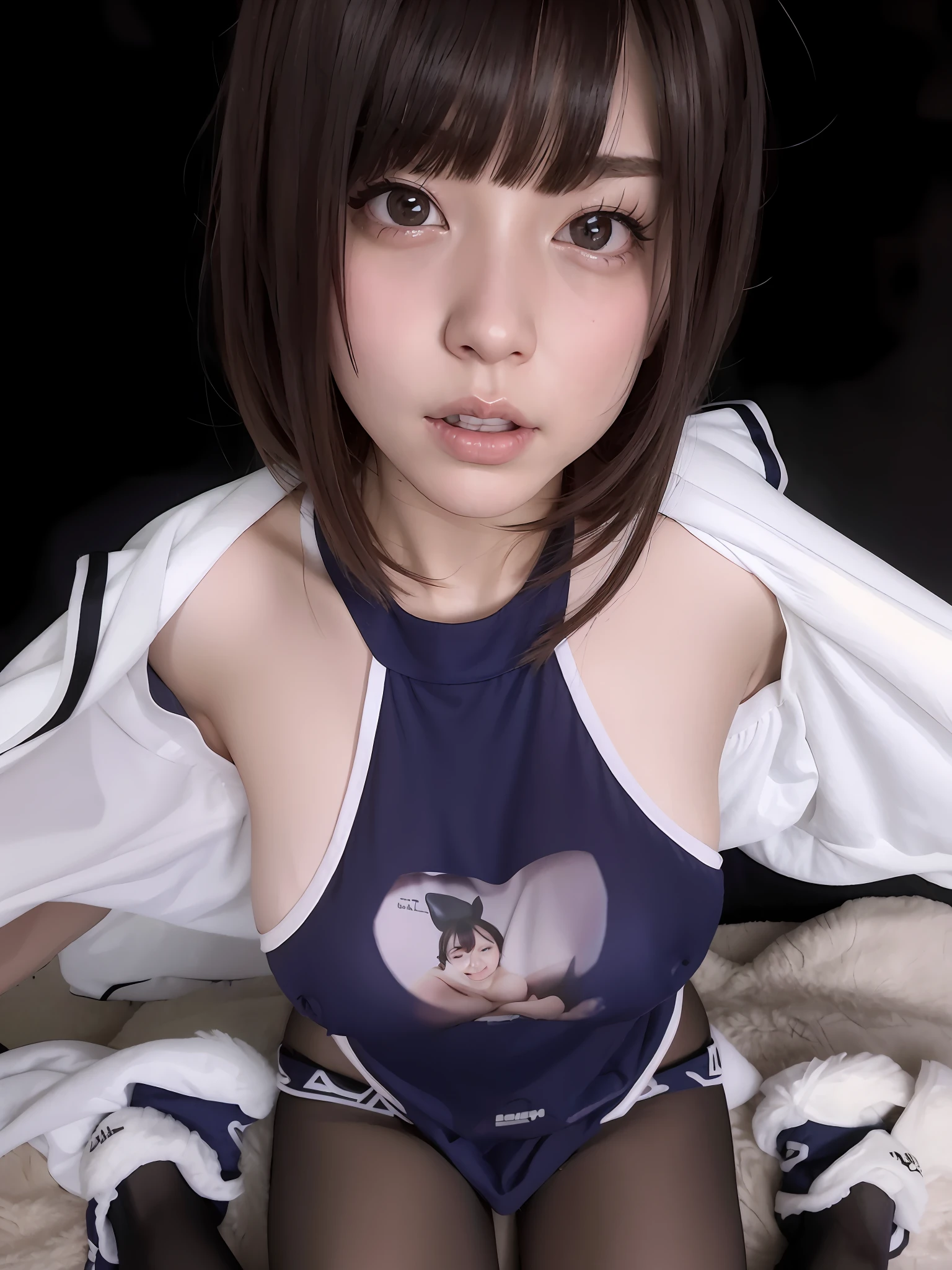 there is a woman with a big breast sitting on a bed, open v chest clothes, oppai, 奈良美智, shikamimi, japanese goddess, sakimichan, けもの, ayaka cosplay, sakimichan hdri, wearing shiny breastplate, fluffy chest, kotegawa yui