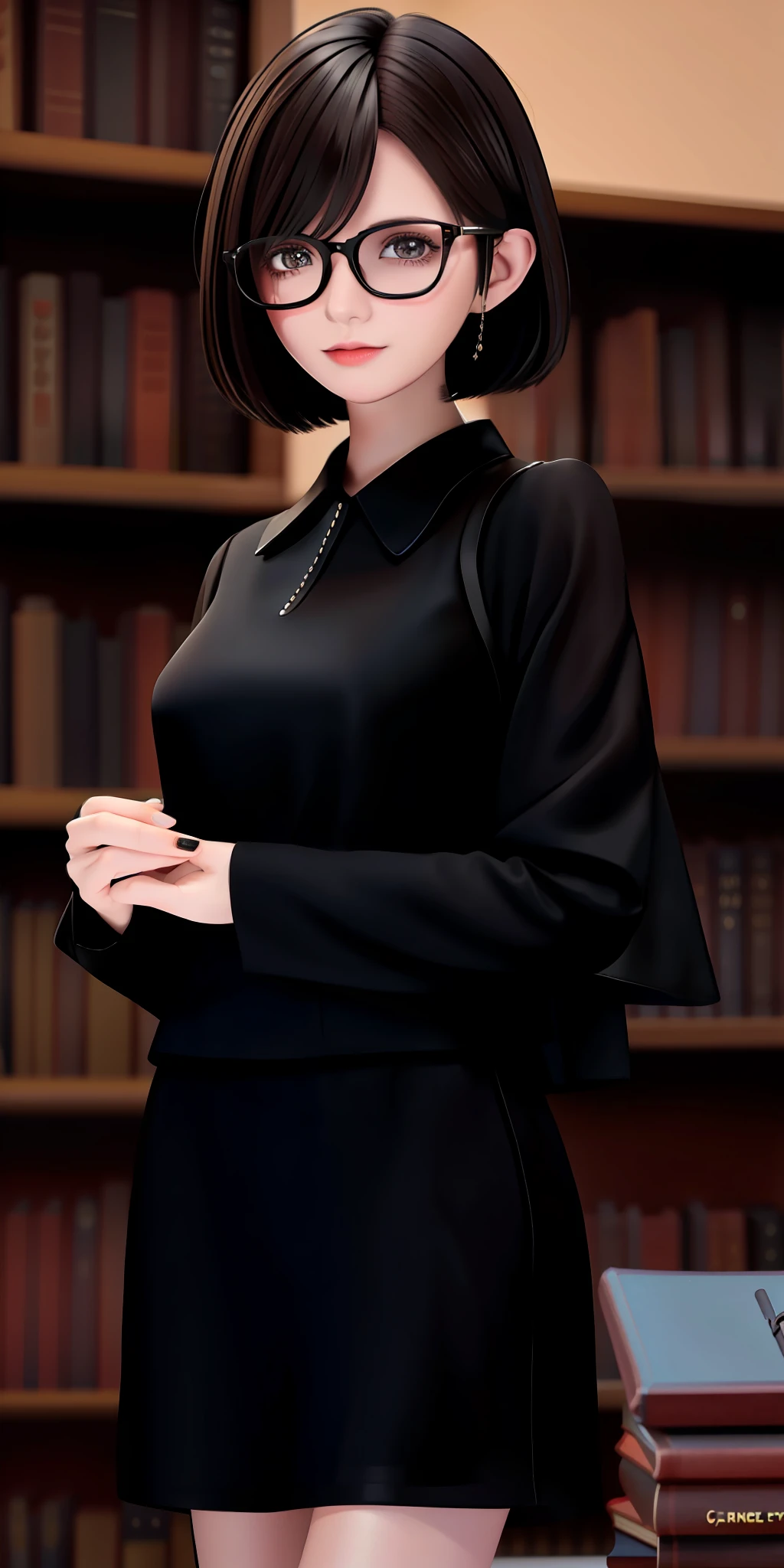 1girl, cowboy shot, standing, short hair, bob cut, black hair, brown eyes, black glasses, black dress, collared dress, short sleeves, book, holding book, indoors, library