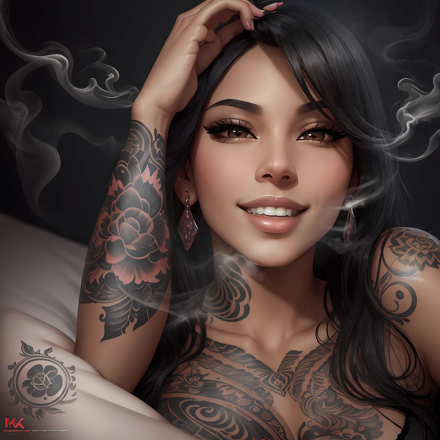 sensual woman, black hair, revealing clothes, prostitute, cour's clothing, tattooed, smoking vape, vape in hand, in bed, charming pose, looking at the viewer with charming gentle smile, best quality, good anatomy, detailed face, 4k, masterpiece, detailed eyes --auto --s2