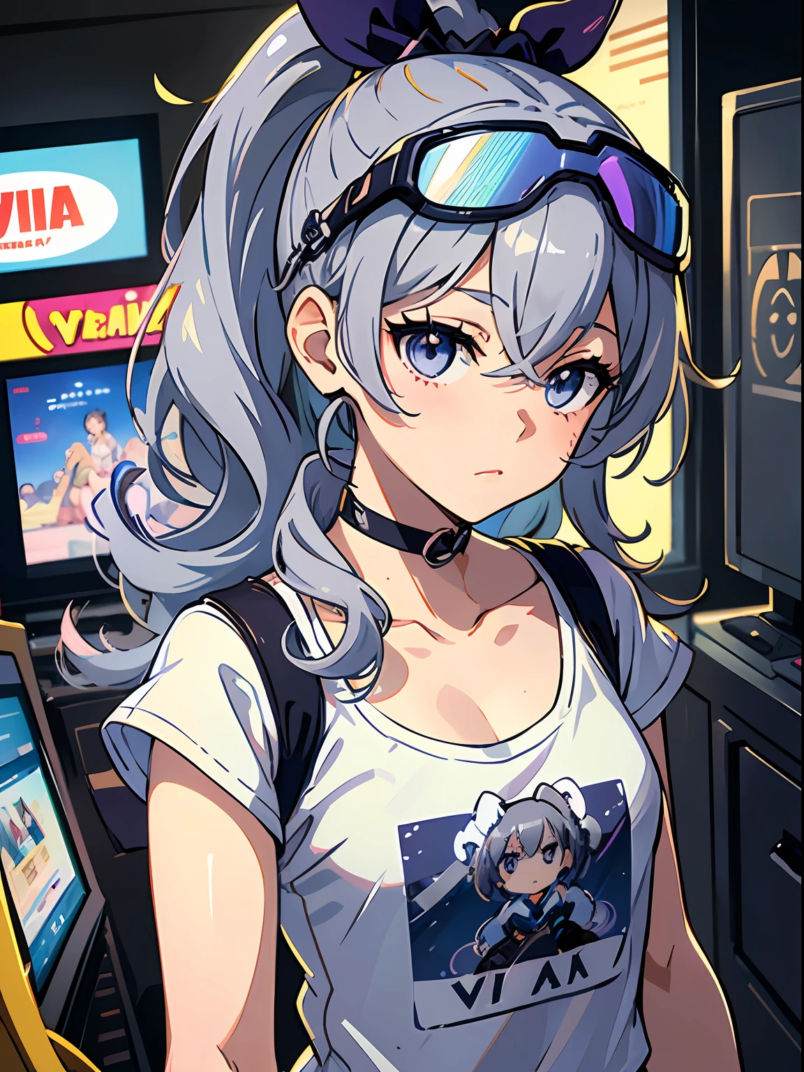 Exquisite masterpiece, best quality, illustration style, an anime girl with curly ponytail, gray beautiful eyes, petite figure, game girl, game console, game room, arcade style, home casual clothes, white short sleeves, small, spring, heartwarming, youthful and beautiful, with blue-purple gradient ski goggles, gray hair, showing a natural casual style. The dynamic posture contains the golden section, a large aperture portrait, the picture is blank, the contrast between light and shadow is strong, the texture is super strong, the picture is super clear and concise, presenting an extremely beautiful, elegant and dignified, delicate face