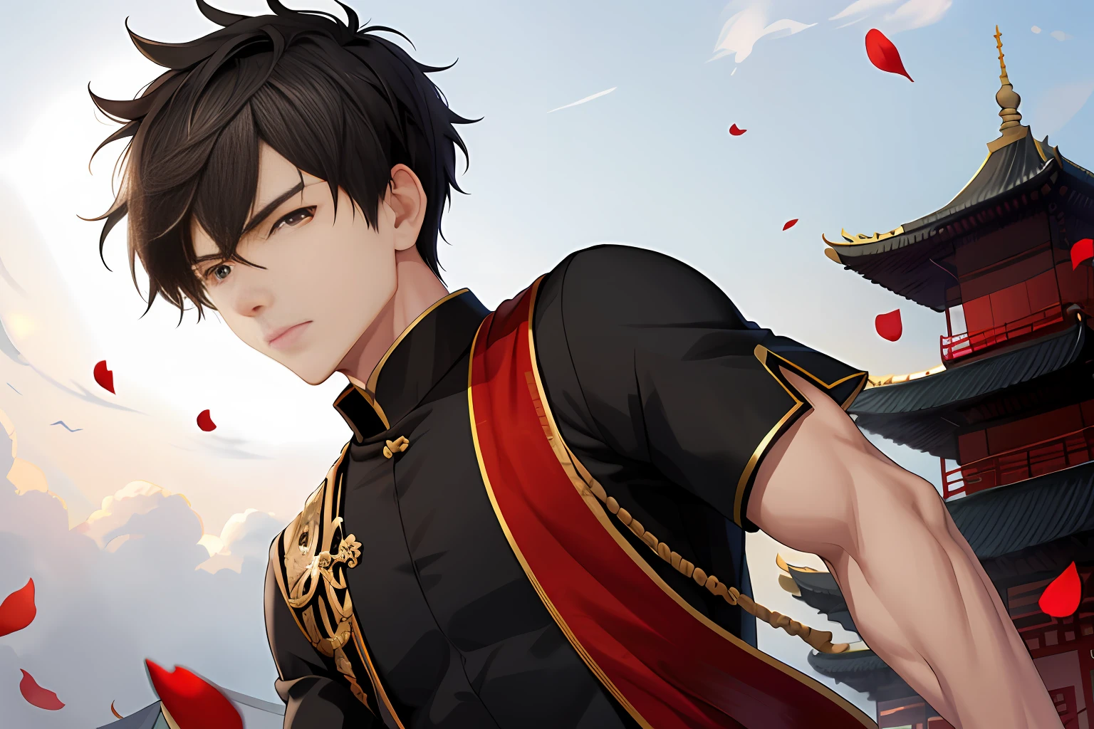 (absurd, super high-resolution, super detailed), detailed, boy, 16 years old boy, short, black, hair, eyes looking ahead , falling petals, male exercise uniform, full length, chinese house, pagoda, dragon, muscular, handsome, upper body