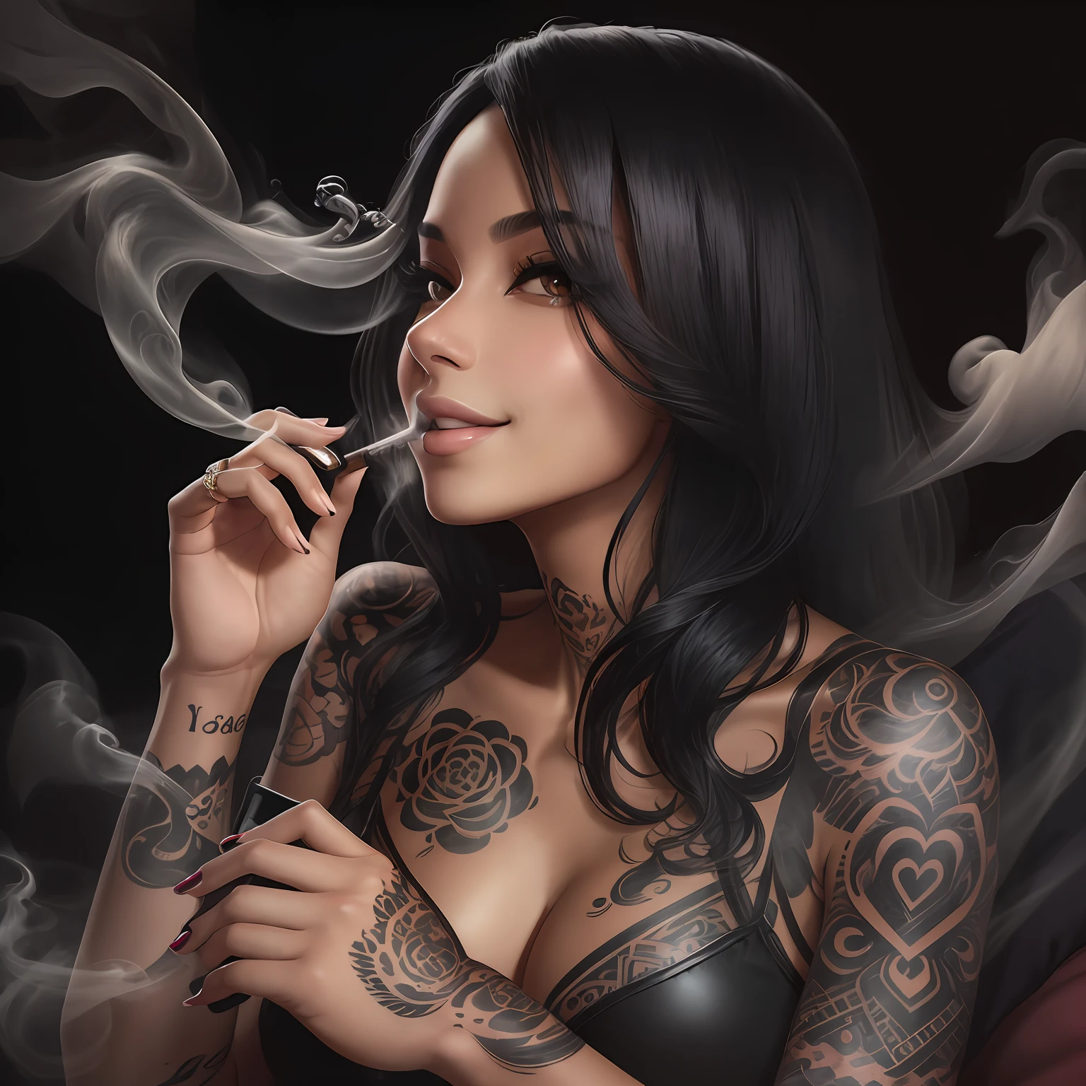 sensual woman, black hair, revealing clothes, prostitute, cour's clothing, tattooed, smoking vape, vape in hand, in bed, charming pose, looking at the viewer with charming gentle smile, best quality, good anatomy, detailed face, 4k, masterpiece, detailed eyes --auto --s2