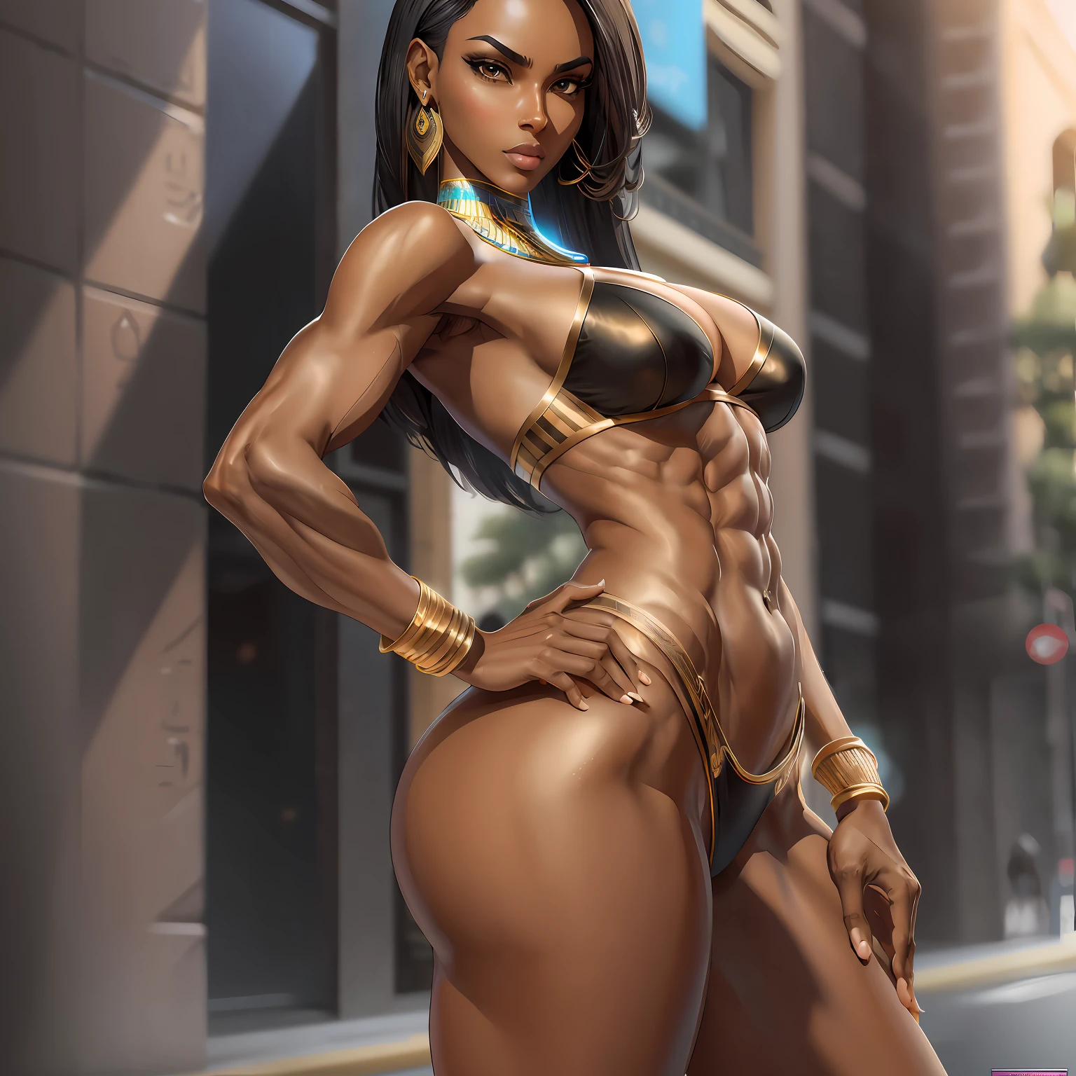 Concept art, ultra-realistic, sexy, 1 tall woman, sensual semi-nude, 1 Egyptian goddess, Egyptian skin tone, poised woman, extreme detail, firm, piercing eyes, perfect face, seductive gaze, double eyelid, perfect eyes, slim waist , strong butt, thin waist, shaped thighs, muscular thighs, flat stomach, full body pose, bulky, black haircut, public hair, keep clothes to a minimum, side pose, full body pose, full body pose, side pose, side pose, front pose, full body pose, T-pose, frown, wide eyes, photorealistic, hyperrealism --auto --s2