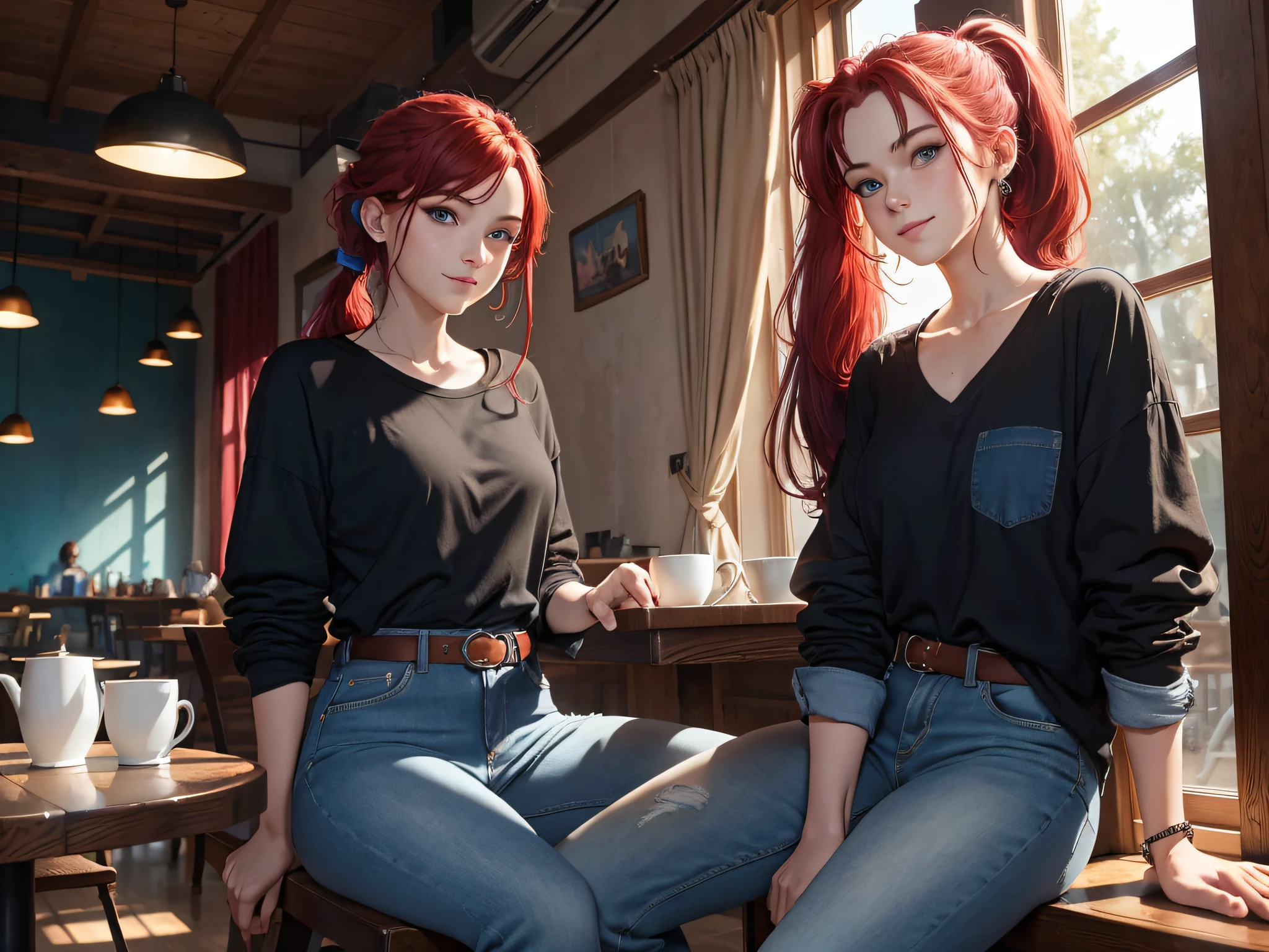 (8k, RAW photo, best quality, masterpiece:1.2), vibrant colors, girl, masterpiece, sharp focus, best quality, cinematic lighting, detailed outfit, perfect eyes, dynamic pose, blue eyes, red hair, indoors, smiling, colored inner hair, casual clothes, café, sitting, long hair, blue jeans, black shirt, blue earring, open forehead, ponytail, hand between legs,
