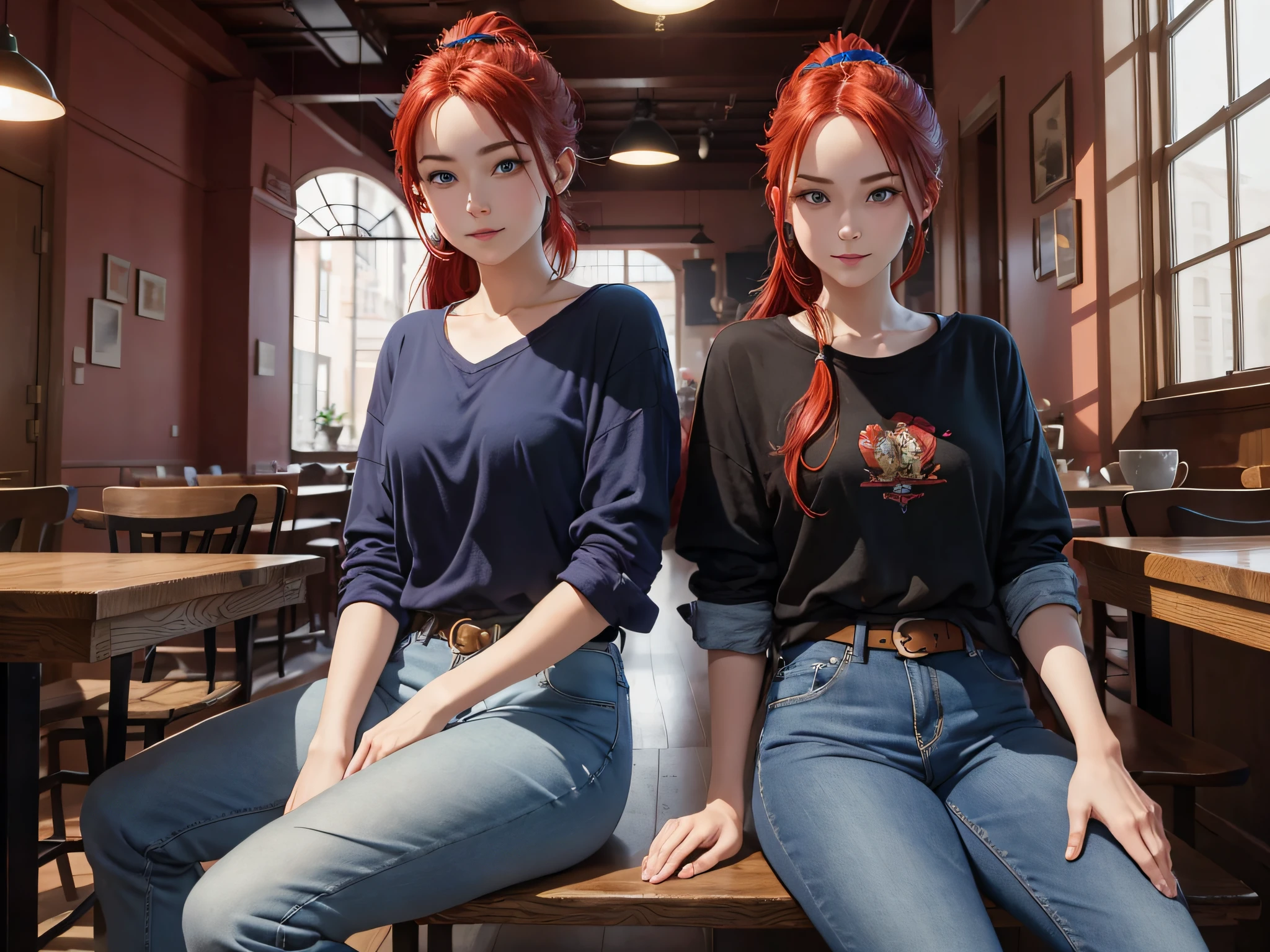 (8k, RAW photo, best quality, masterpiece:1.2), vibrant colors, girl, masterpiece, sharp focus, best quality, cinematic lighting, detailed outfit, perfect eyes, dynamic pose, blue eyes, red hair, indoors, smiling, colored inner hair, casual clothes, café, sitting, long hair, blue jeans, black shirt, blue earring, open forehead, ponytail, hand between legs,