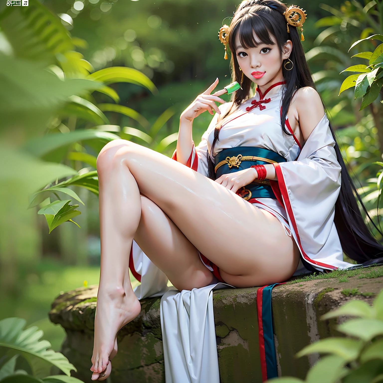 Hanfu, 8K image resolution, sexy beautiful legs and jade feet, complex background, extreme beauty, fair skin, plump, exposed feet