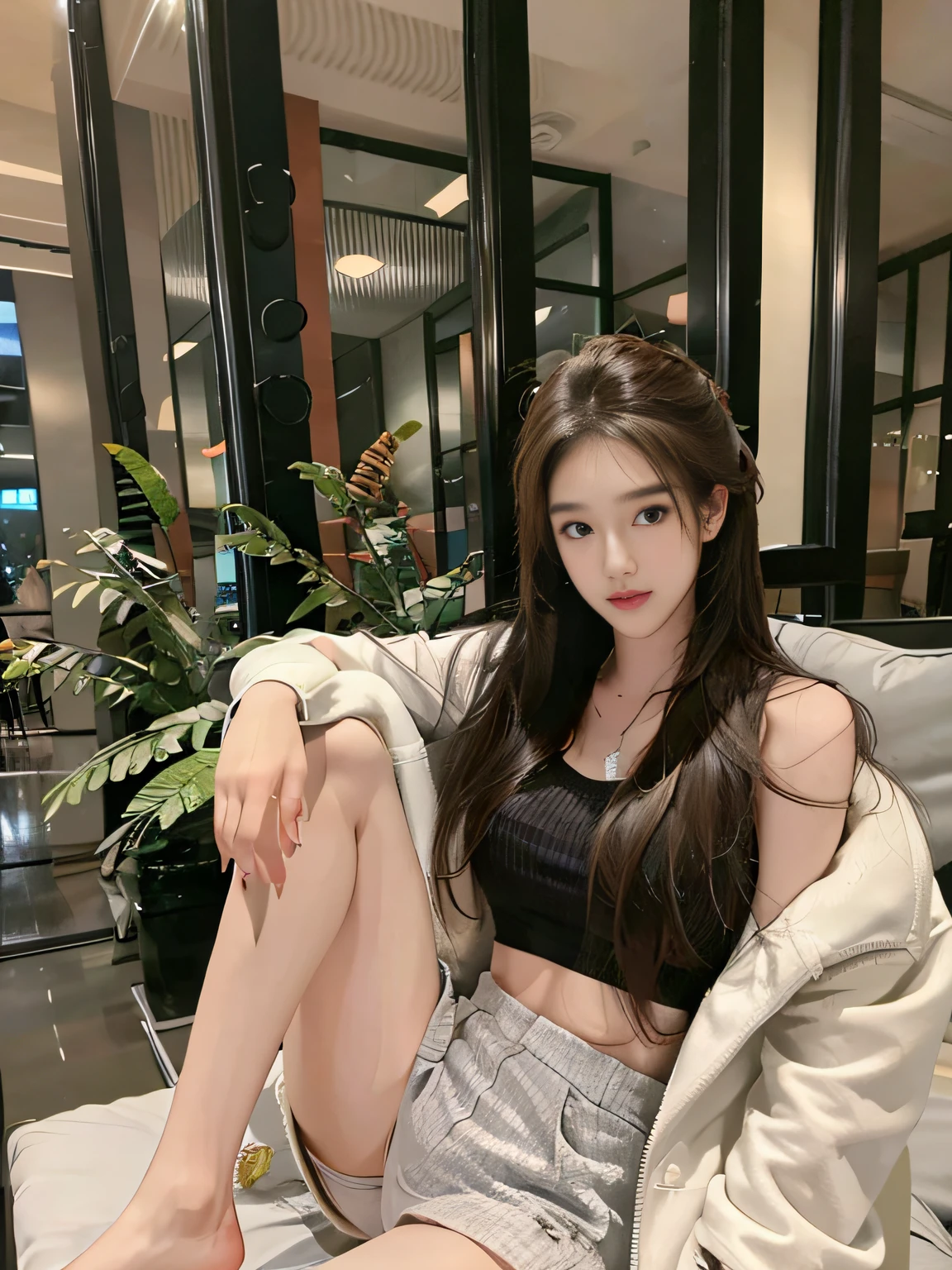 realistic, high resolution, 1 girl, long hair, korean, thighs, panties visible,