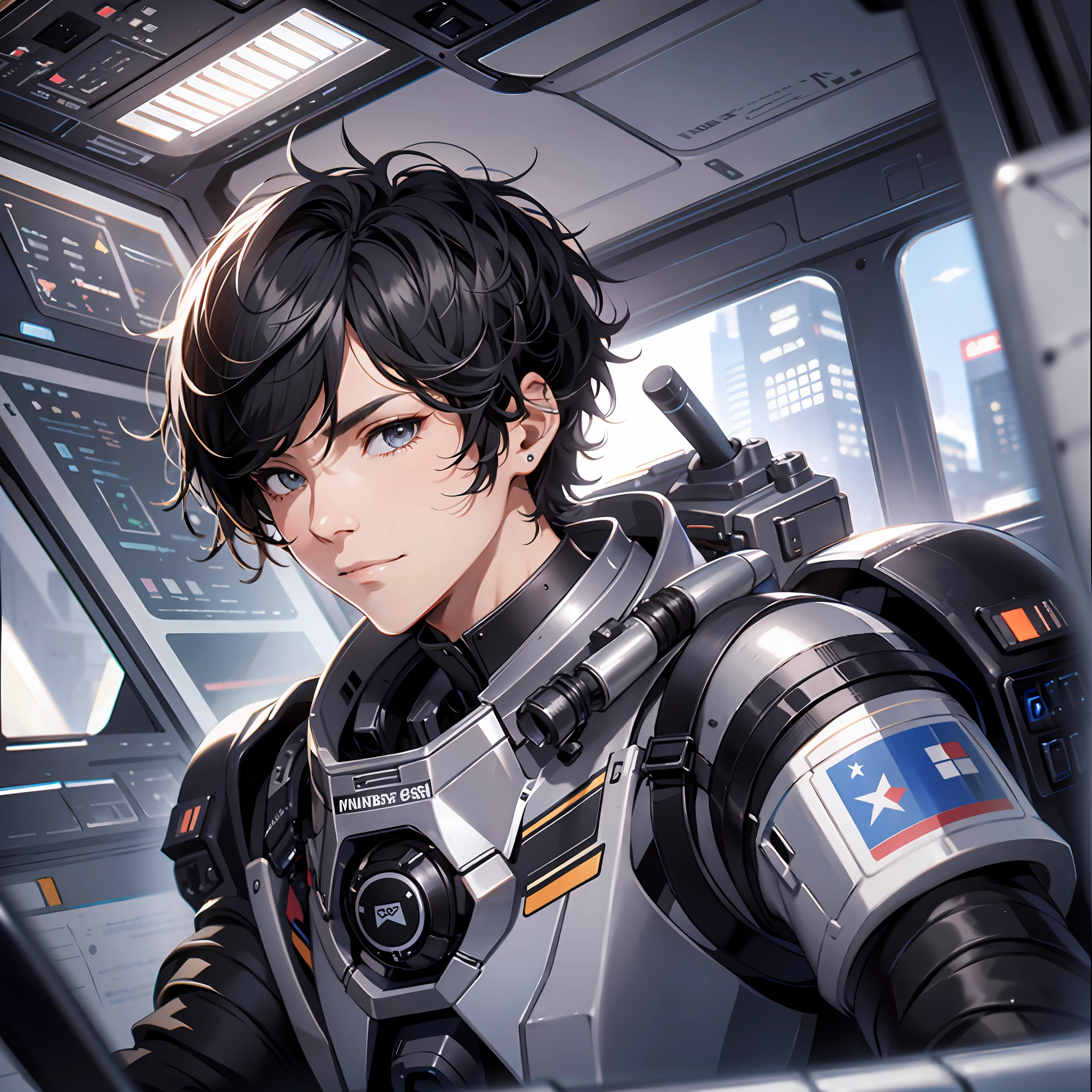Absurd resolution, high resolution, (masterpiece: 1.4), hyper-detail, young man messy black short-haired pilot dressed up, smug expression, in the extremely narrow mech cockpit, operate