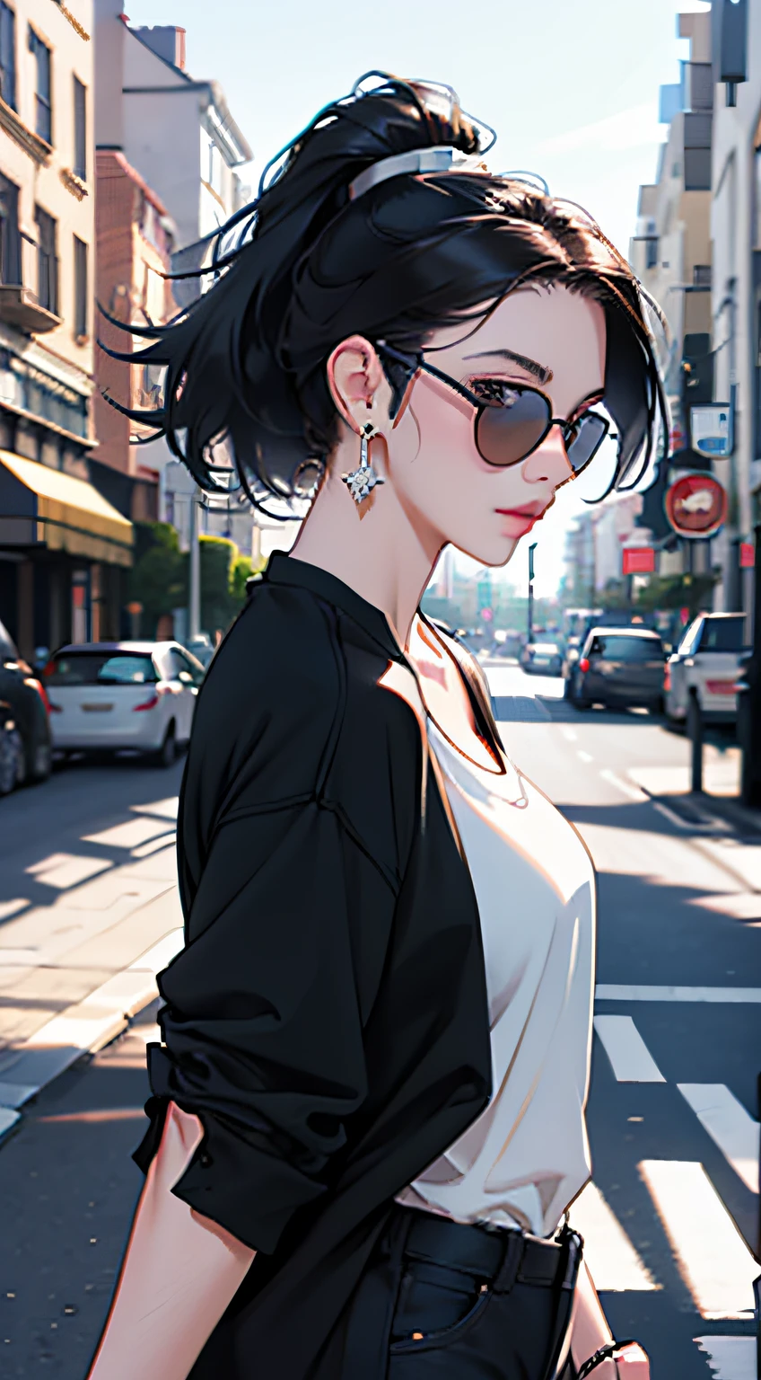 Young woman 25 years old: 1.3, Ponytail: 1.2, Casual wear: 1.2, Sunglasses: 1.2, Daytime: 1.2, Street: 1.2, Film lighting, Surrealism, UHD, ccurate, Super detail, textured skin, High detail, Best quality, 8k