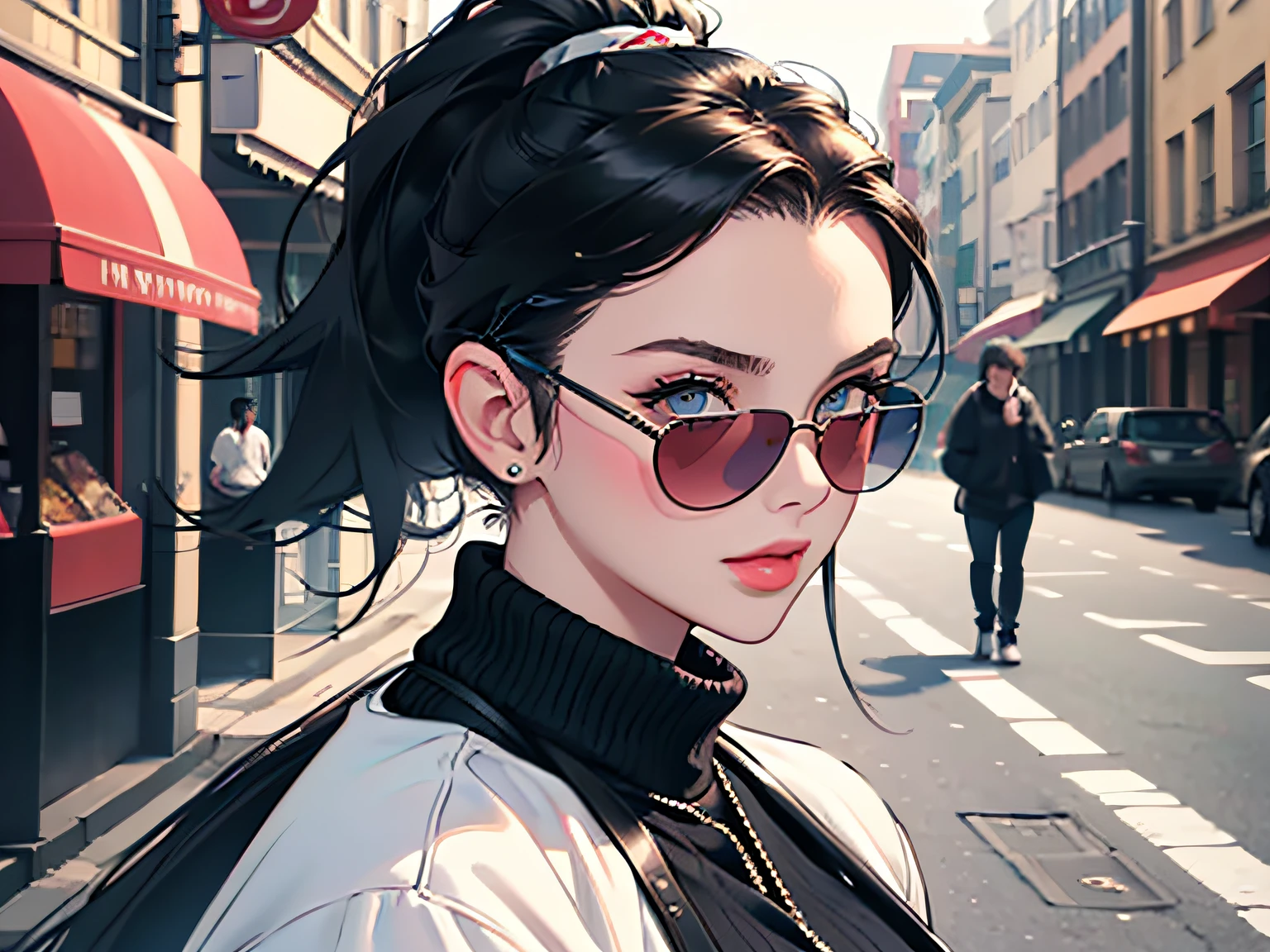 Young woman 25 years old: 1.3, Ponytail: 1.2, Casual wear: 1.2, Sunglasses: 1.2, Daytime: 1.2, Street: 1.2, Film lighting, Surrealism, UHD, ccurate, Super detail, textured skin, High detail, Best quality, 8k