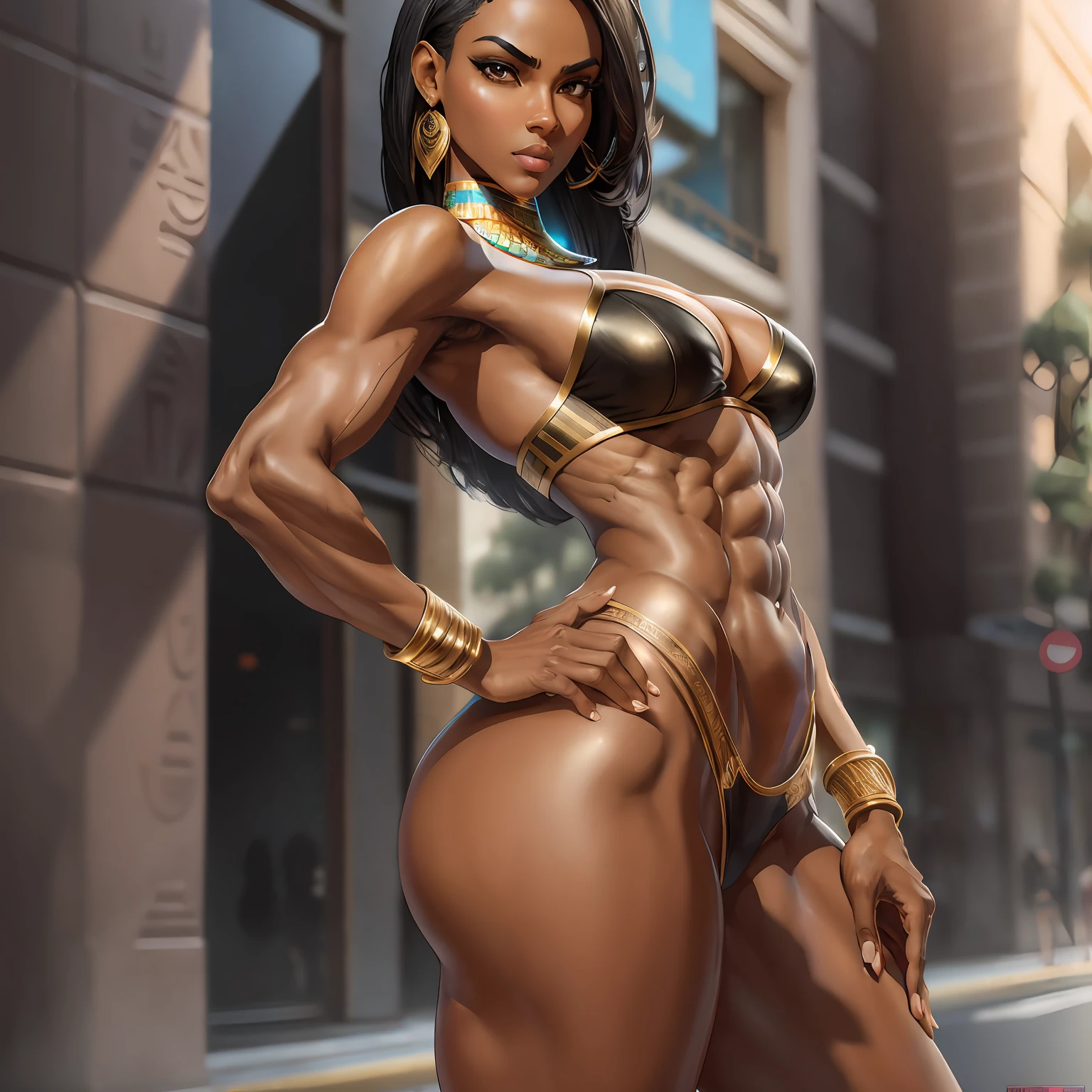 Concept art, ultra-realistic, sexy, 1 tall woman, sensual semi-nude, 1 Egyptian goddess, Egyptian skin tone, poised woman, extreme detail, firm, piercing eyes, perfect face, seductive gaze, double eyelid, perfect eyes, slim waist , strong butt, thin waist, shaped thighs, muscular thighs, flat stomach, full body pose, bulky, black haircut, public hair, keep clothes to a minimum, side pose, full body pose, full body pose, side pose, side pose, front pose, full body pose, T-pose, frown, wide eyes, photorealistic, hyperrealism --auto --s2