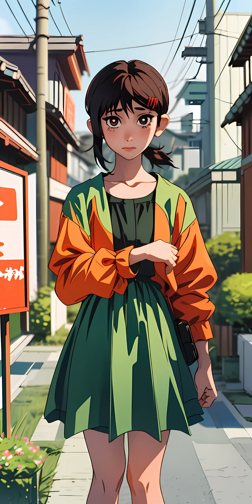 (best quality, masterpiece), 1girl, looking at viewer, blurry background, upper body, contemporary, dress,kobeni higashiyama.