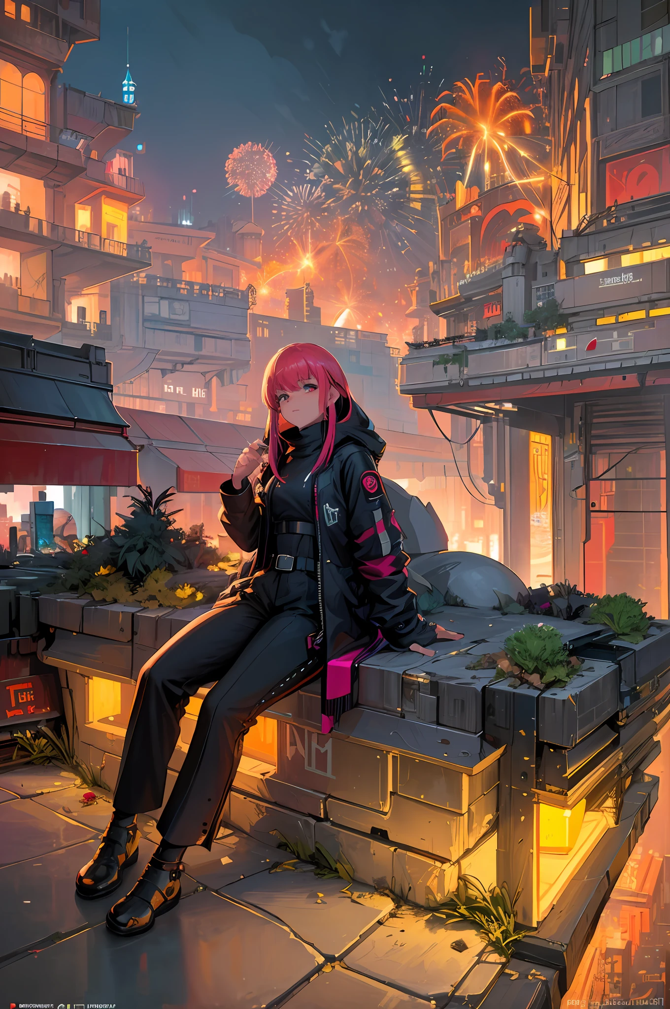 ((masterpiece)),((best quality)),((high detail)),((realistic,)) Futuristic era city, architectural streets, bazaars, cyberpunk, european architecture, night, neon, panoramic view, various buildings, new year, fireworks, panoramic, colorful fireworks, sky with fireworks, landscape