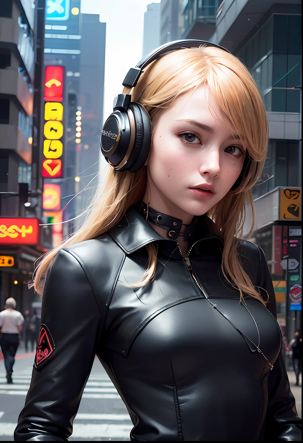 (best quality, realistic, photorealistic, award-winning illustration), (intricate details:1.2), (delicate detailed), (intricate details), (cinematic light, best quality Backlights), clear line, sharp focus, (close mouth)smile (shy),official art, unity 8k wallpaper, absurdres, incredibly absurdres, huge filesize, ultra- (in_main_street:1.21), (neon lamp),fantasy art, rtx,((award winning studio closeup photo of a triangle)), 1boy,half body,(Full tattoo),(closed mouth),small breasts,((Cyberpunk city Street, Battle Maiden,Katana, robot arm)),(Cyberpunk blouse, leather jacket, Martin boots),(headphones_around_neck),(headphones_around_hair)