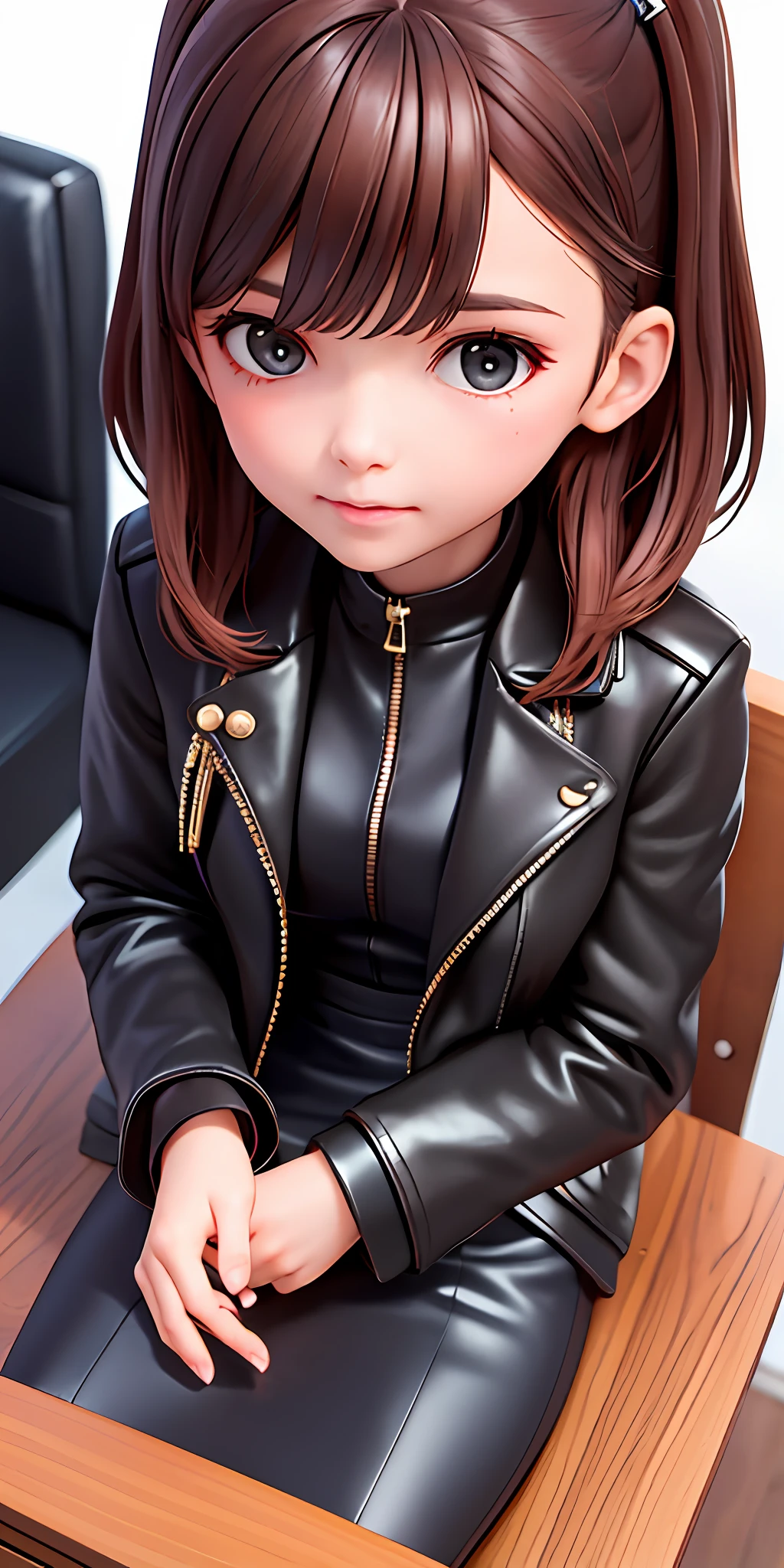 A girl is reading, close-up portrait in black leather coat sitting at her desk, studying papers on desk at desk, black pencil skirt, high cheekbone face