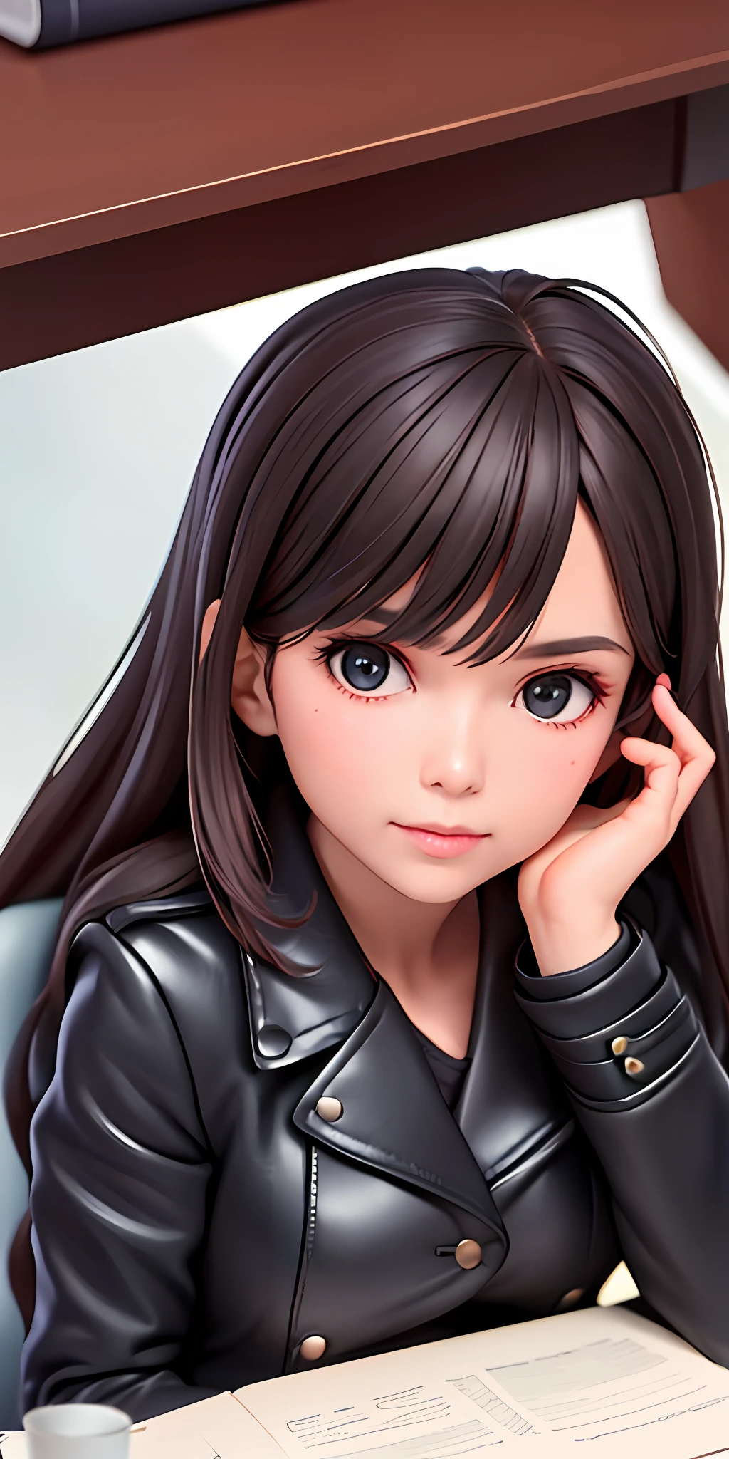 A girl is reading, close-up portrait in black leather coat sitting at her desk, studying papers on desk at desk, black pencil skirt, high cheekbone face