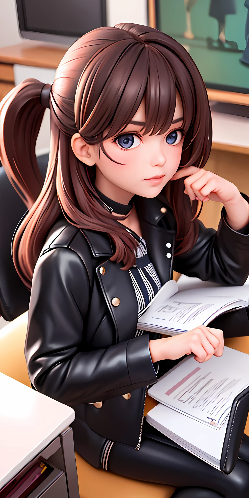 A girl is reading, close-up portrait in black leather coat sitting at her desk, studying papers on desk at desk, black pencil skirt, high cheekbone face