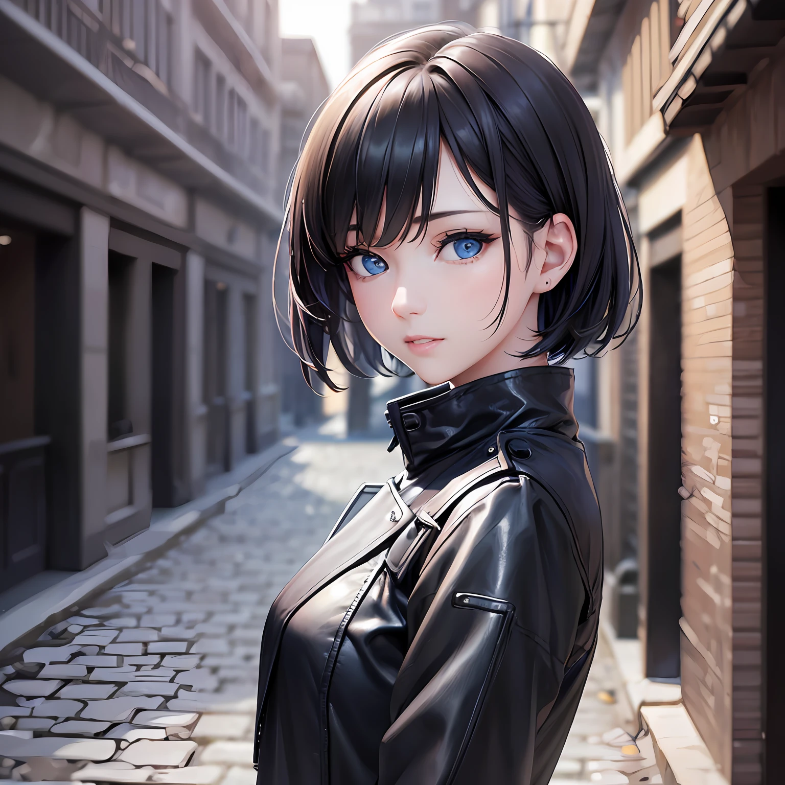 (realistic photo hyper detailed:1.4)0.9], dark soft hard linear lighting, (extremely detailed 8k CG unit wallpaper), wearing a black jacket, with a  blue top underneath, short hair with black bangs, in a courtyard setting with a lake in the background, her blue eyes clear as day, pretty, pale skin, camera canon 7535, Skin Lente Canon Ef 70-200mm