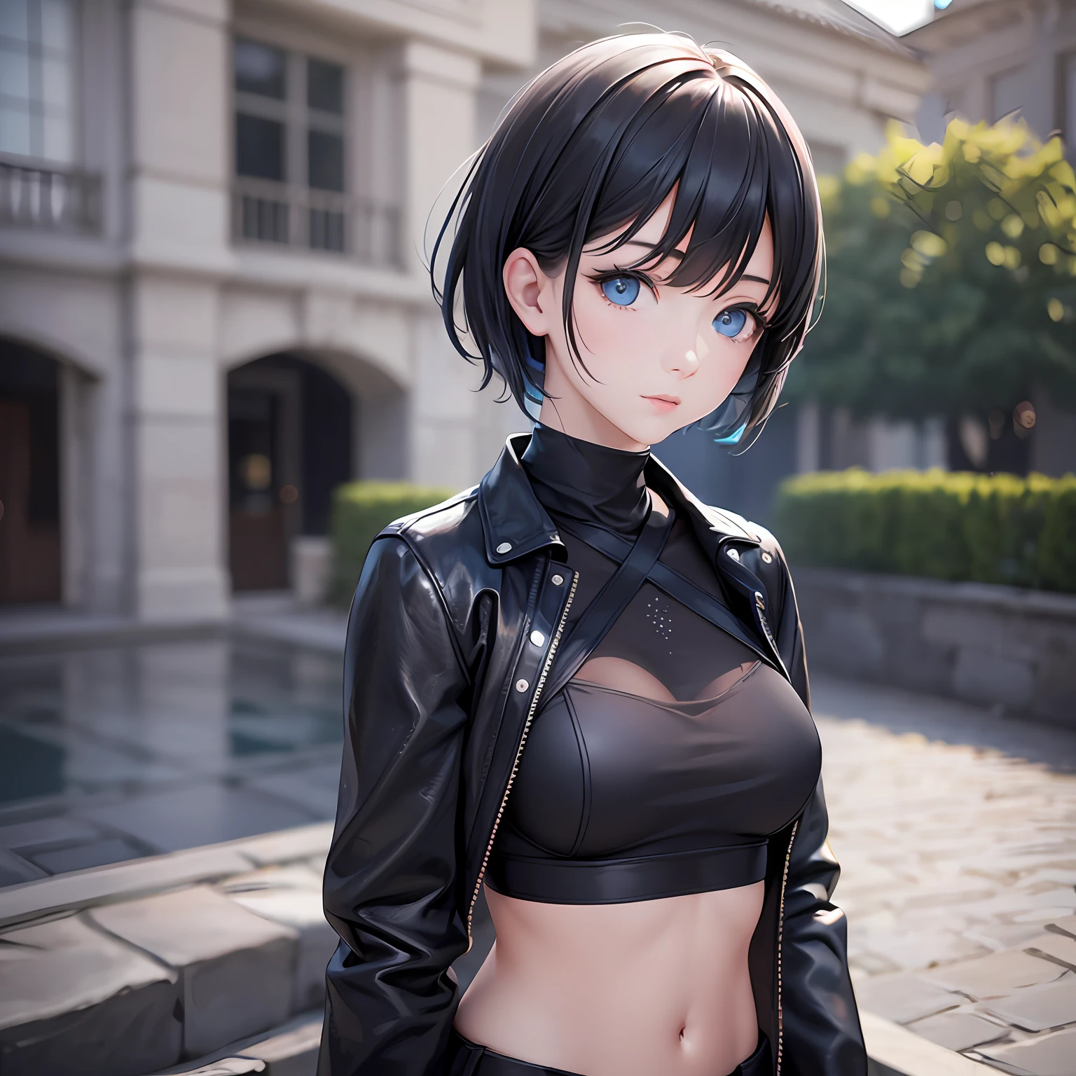 (realistic photo hyper detailed:1.4)0.9], dark soft hard linear lighting, (extremely detailed 8k CG unit wallpaper), wearing a black jacket, with a baby blue top underneath, short hair with black bangs, in a courtyard setting with a lake in the background, her blue eyes clear as day, pretty, pale skin, camera canon 7535, Skin Lente Canon Ef 70-200mm