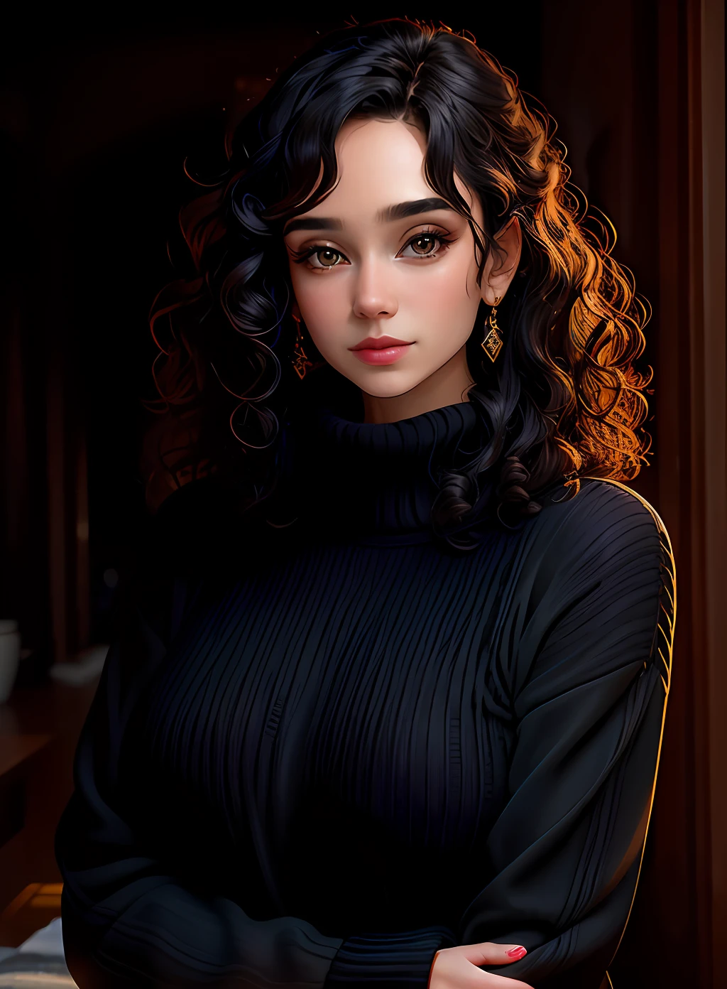 8K, beautiful sexy girl a twenty-five year old girl with curls in a wide sweater, the model is light and black hair