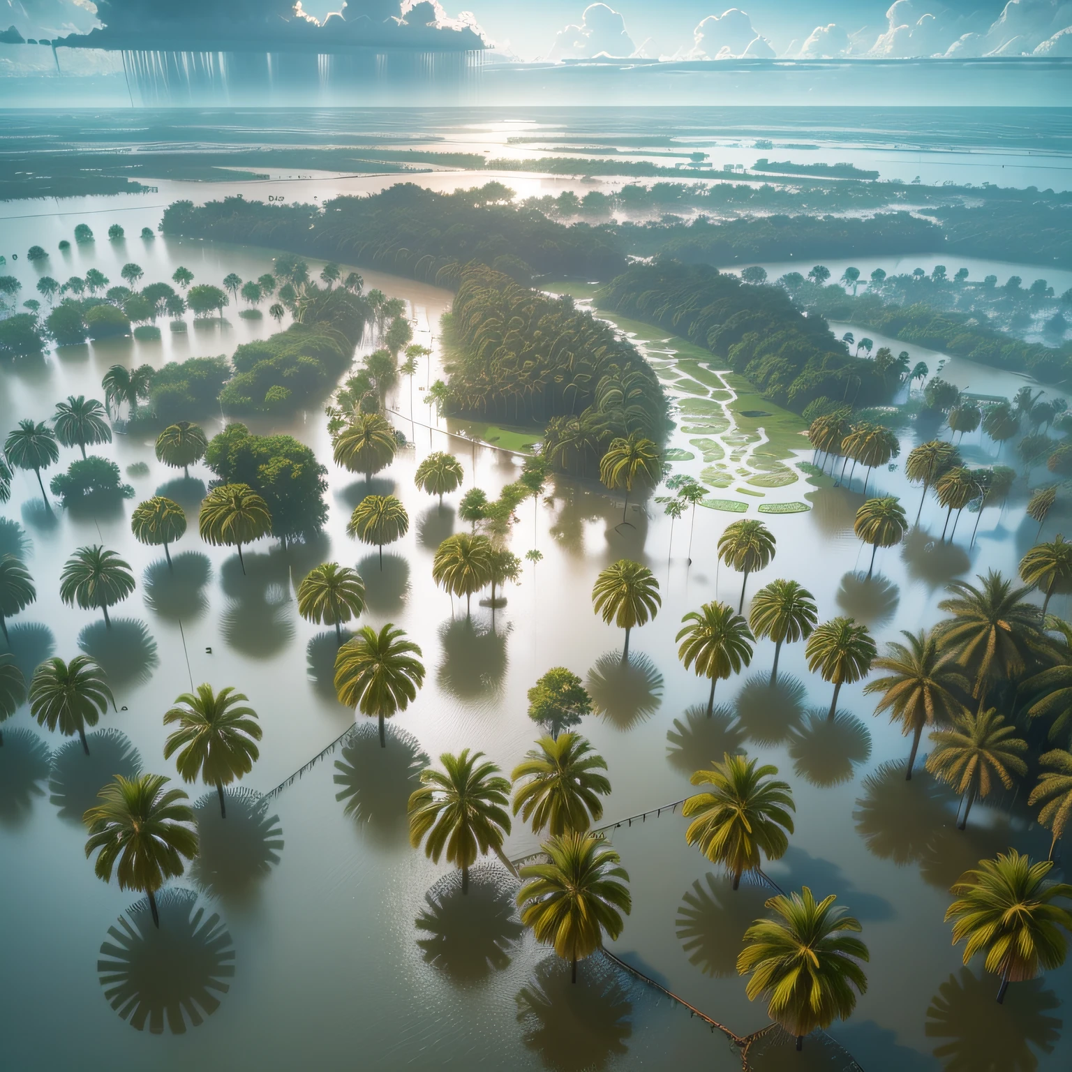 there are many palm trees that are standing in the water, flooded fishing village, monsoon on tropical island, flooded, water - logged, flooding, completely flooded, floods, the palms come from the depths, flood, subsiding floodwaters, flooded swamp, it is raining heavily, the palms come from the ground, flooded city, flooded ground, --auto --s2