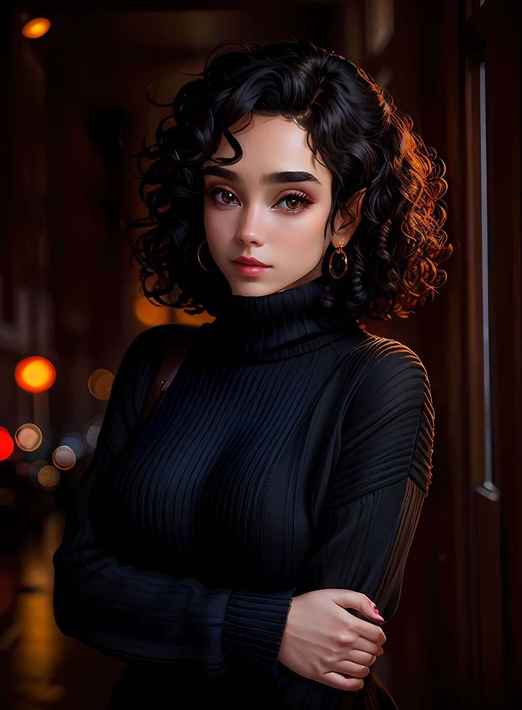 8K, beautiful sexy girl a twenty-five year old girl with curls in a wide sweater, the model is light and black hair