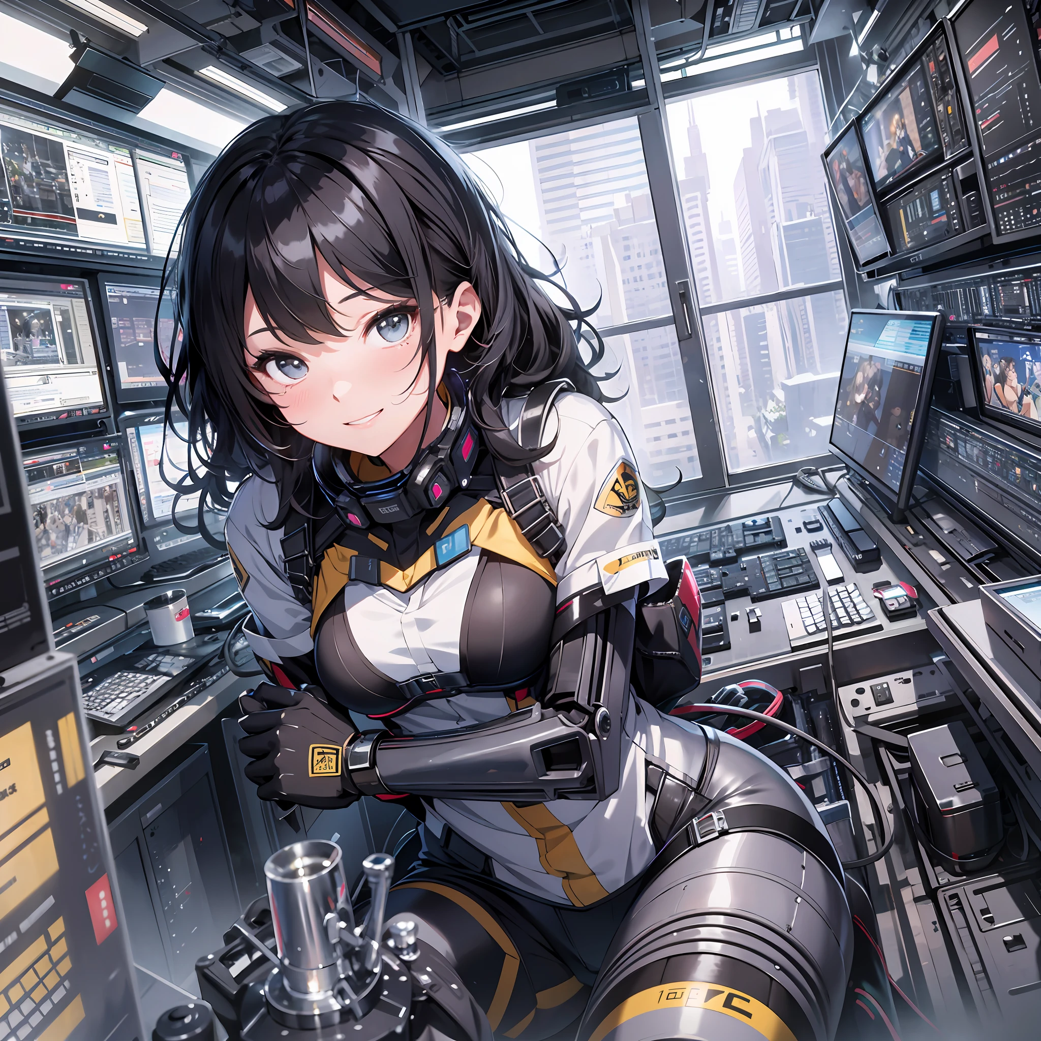 Absurd resolution, high resolution, (masterpiece: 1.4), hyper-detail, black-haired young woman dressed as a technician, blushing and excited expression, sitting in an extremely narrow and closed mecha control room