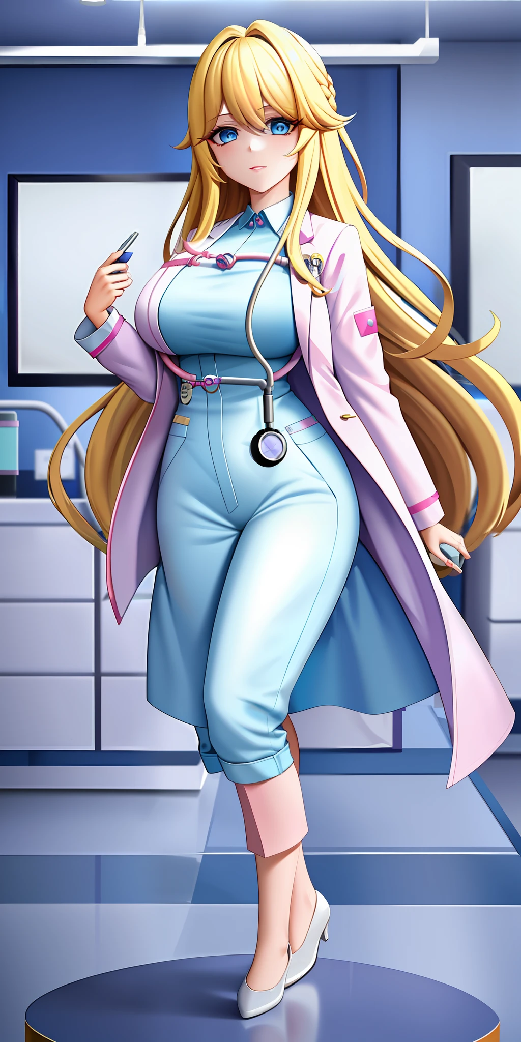 Masterpiece, Superb 1girl, blonde, eyeliner, long hair, (ice blue eyes), sweeping bangs, pink lips, big breasts, doctor's outfit, white coat, stethoscope, hospital, clipboard, pants, top