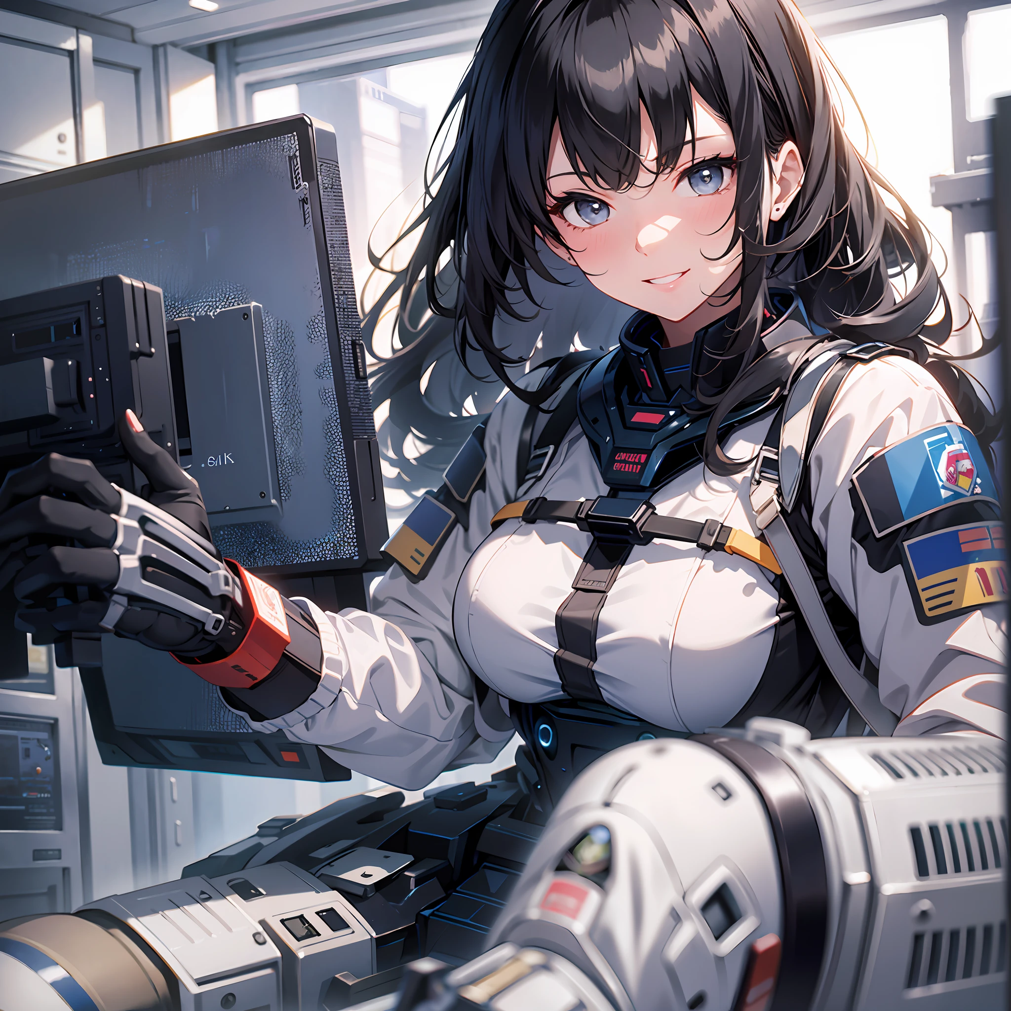Absurd resolution, high resolution, (masterpiece: 1.4), hyper-detail, black-haired young woman dressed as a technician, blushing and excited expression, sitting in an extremely narrow and closed mecha control room